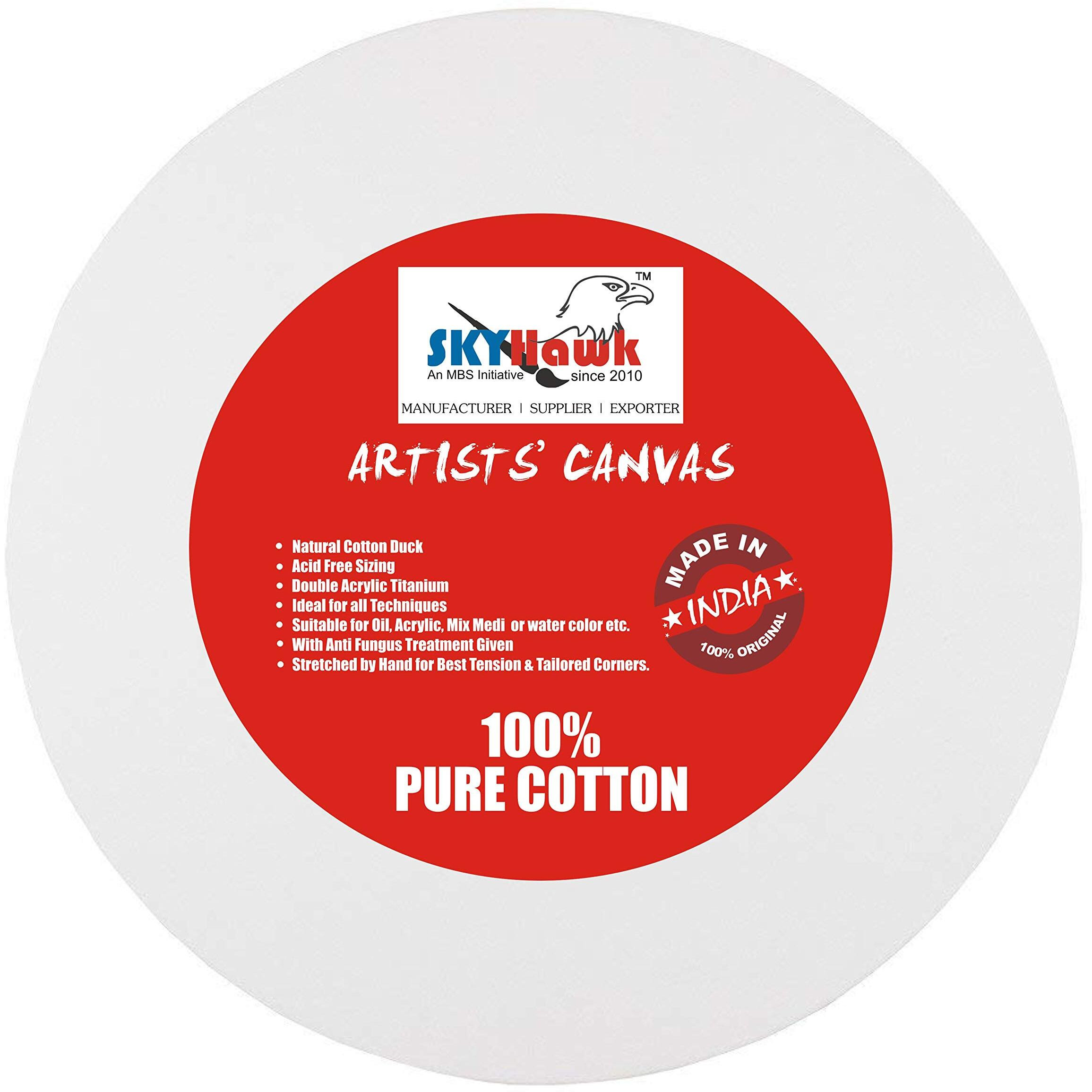 Skyhawk 10 Oz Primed Natural Cotton Duck Pre-Stretched Round Canvas | Ideal For All Techniques | Suitable For Oil Acrylic, Mix Medi Or Water Color, Set Of 4 (White, 12 Inch)