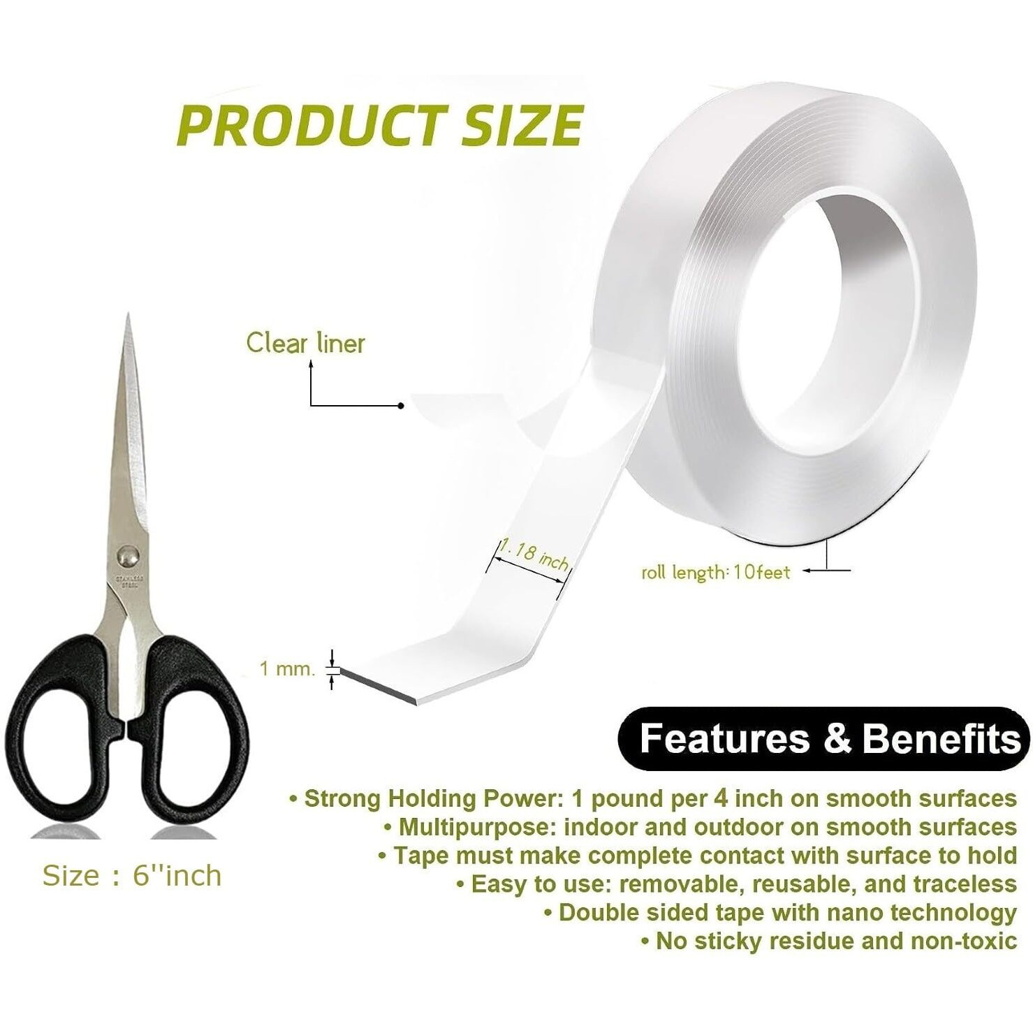 Osft Double Sided Tape Heavy Duty Mounting Tape With Scissor For Walls, Adhesive Sticky Strips Carpet Tape Poster, Wall Tape, Transpartent Two Side Tape (1.18 Inch X 10 Ft) (2 X Tape + 1 X Scissor)