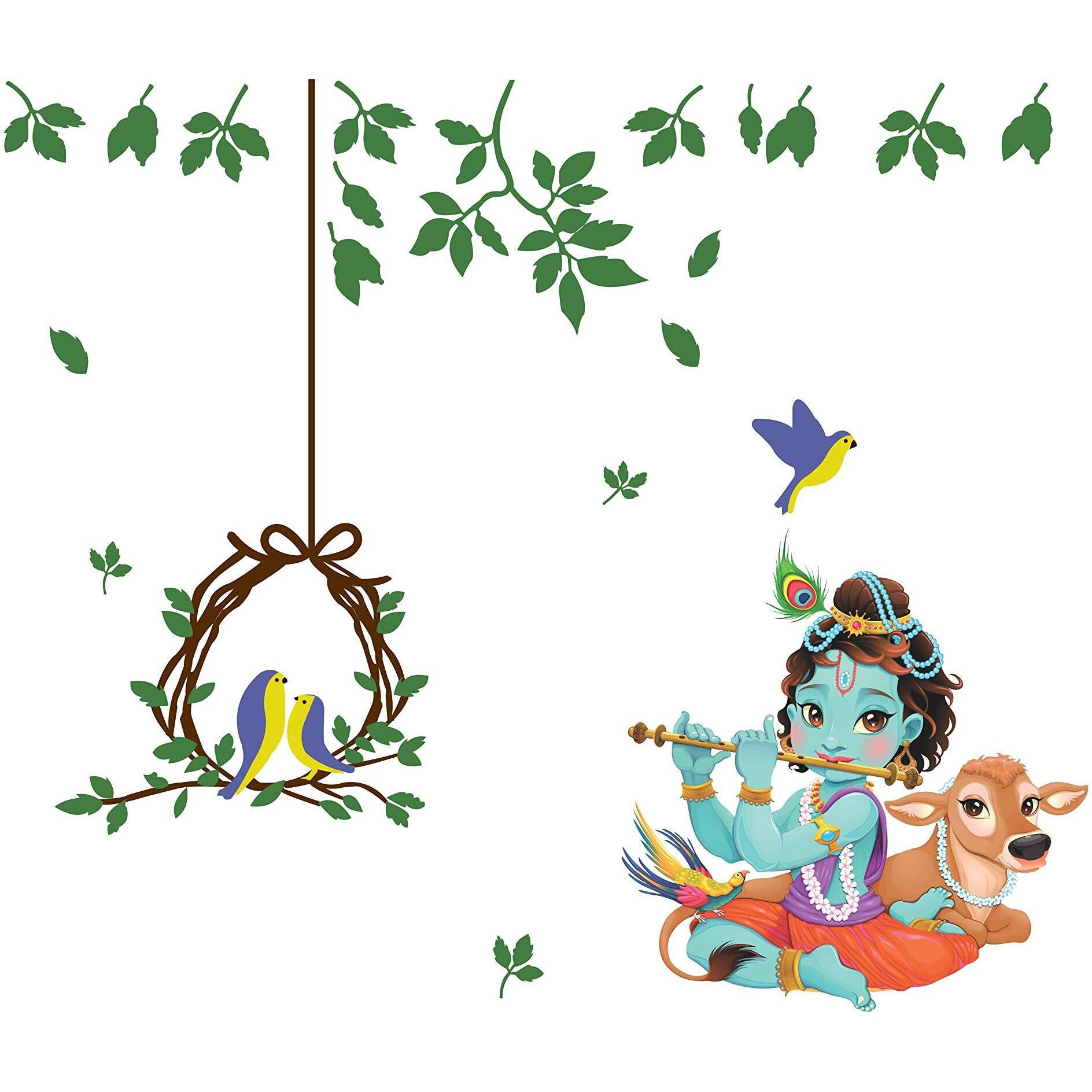 Dreamkraft Lord Krishna Playing Murli With Birds Pvc Vinyl Wall Stickers (Multicolor, 63 Cm X 92 Cm) - Spiritual Wall Dcor For Home & Kids Room