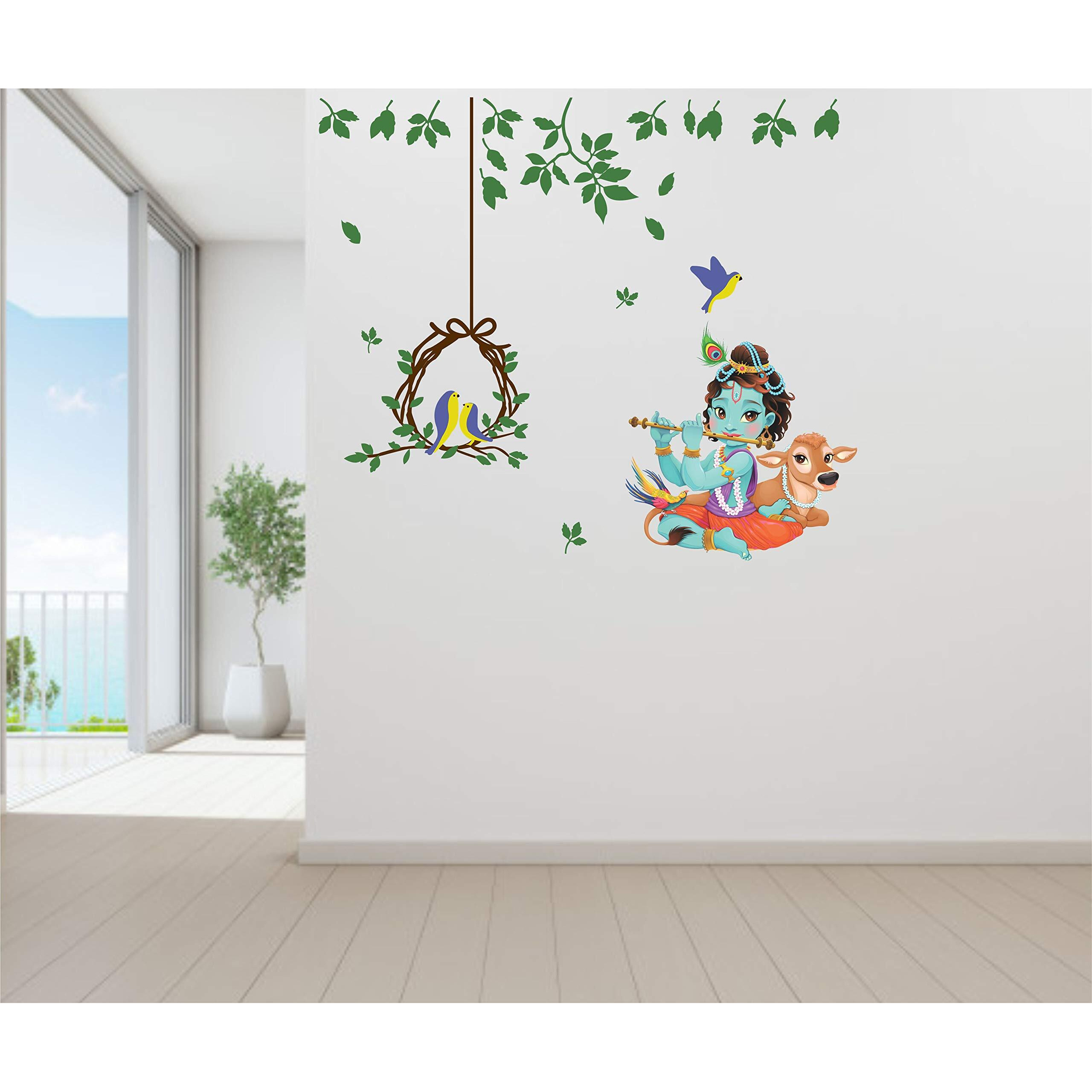Dreamkraft Lord Krishna Playing Murli With Birds Pvc Vinyl Wall Stickers (Multicolor, 63 Cm X 92 Cm) - Spiritual Wall Dcor For Home & Kids Room
