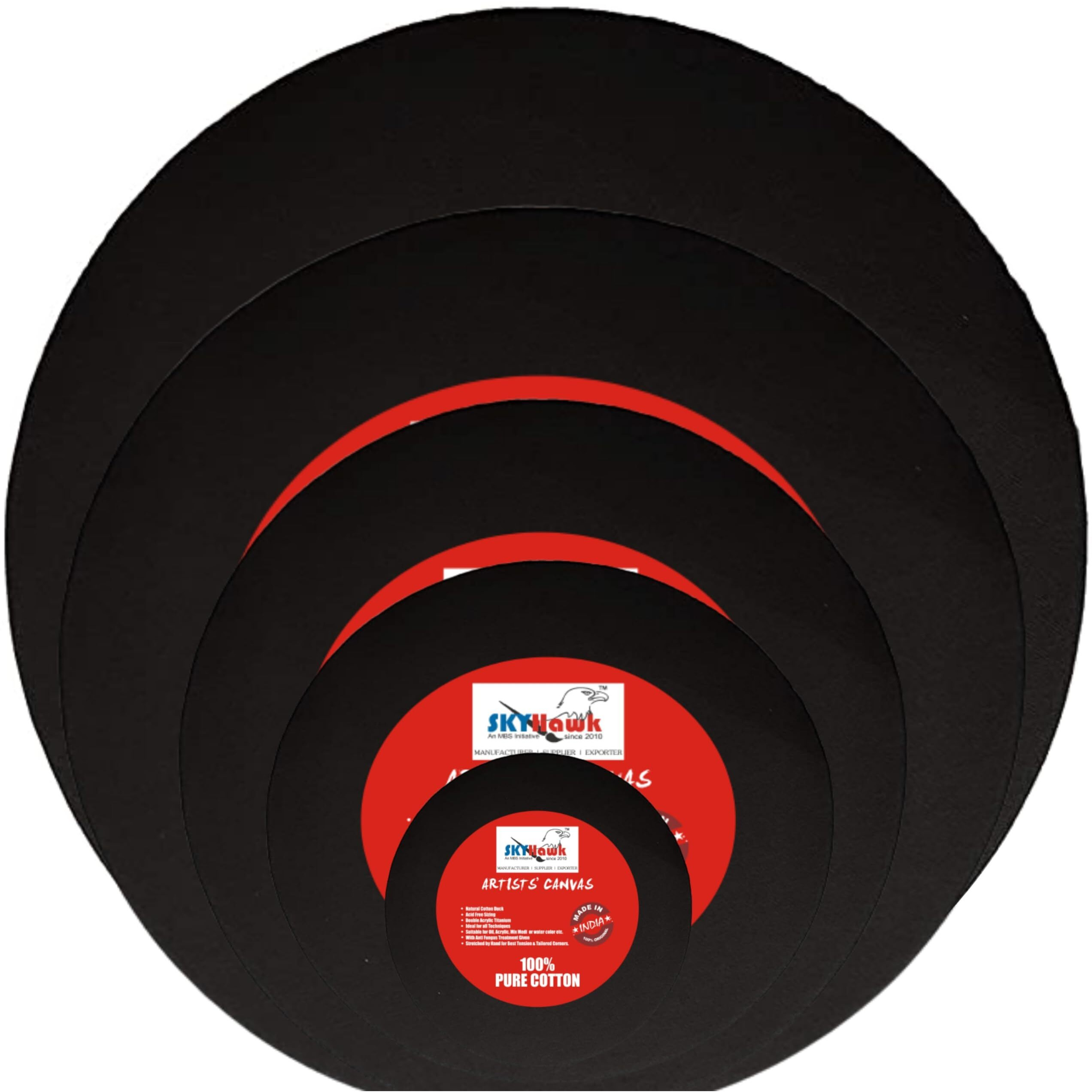 Black Cotton Round Medium Grain Pre-Stretched Canvases - 6 Inch, 8 Inch, 10 Inch, 14 Inch, 16 Inch