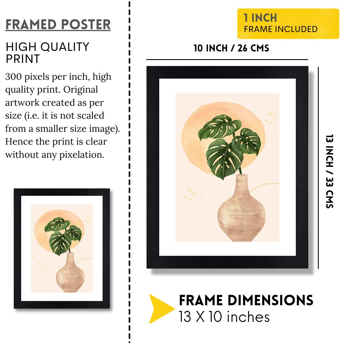 Interio Crafts Modern Botanical Pot Art Framed Poster, Modern Art Frame For Living Room, Bedroom, Kitchen, Office Wall Decor, Synthetic Wood, 13 X 10 Inches (Style 7)