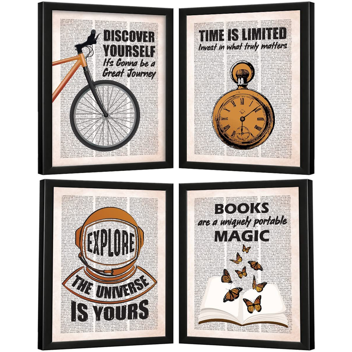 Chaka Chaundh - Motivational Quotes Frames - Framed Posters With Frame - Quotes Wall Frames - Photos With Quotes - Discover, Books, Explore, Universe & Time Quotes Frame - (13.6 X 10.6 Inches) Set Of 4