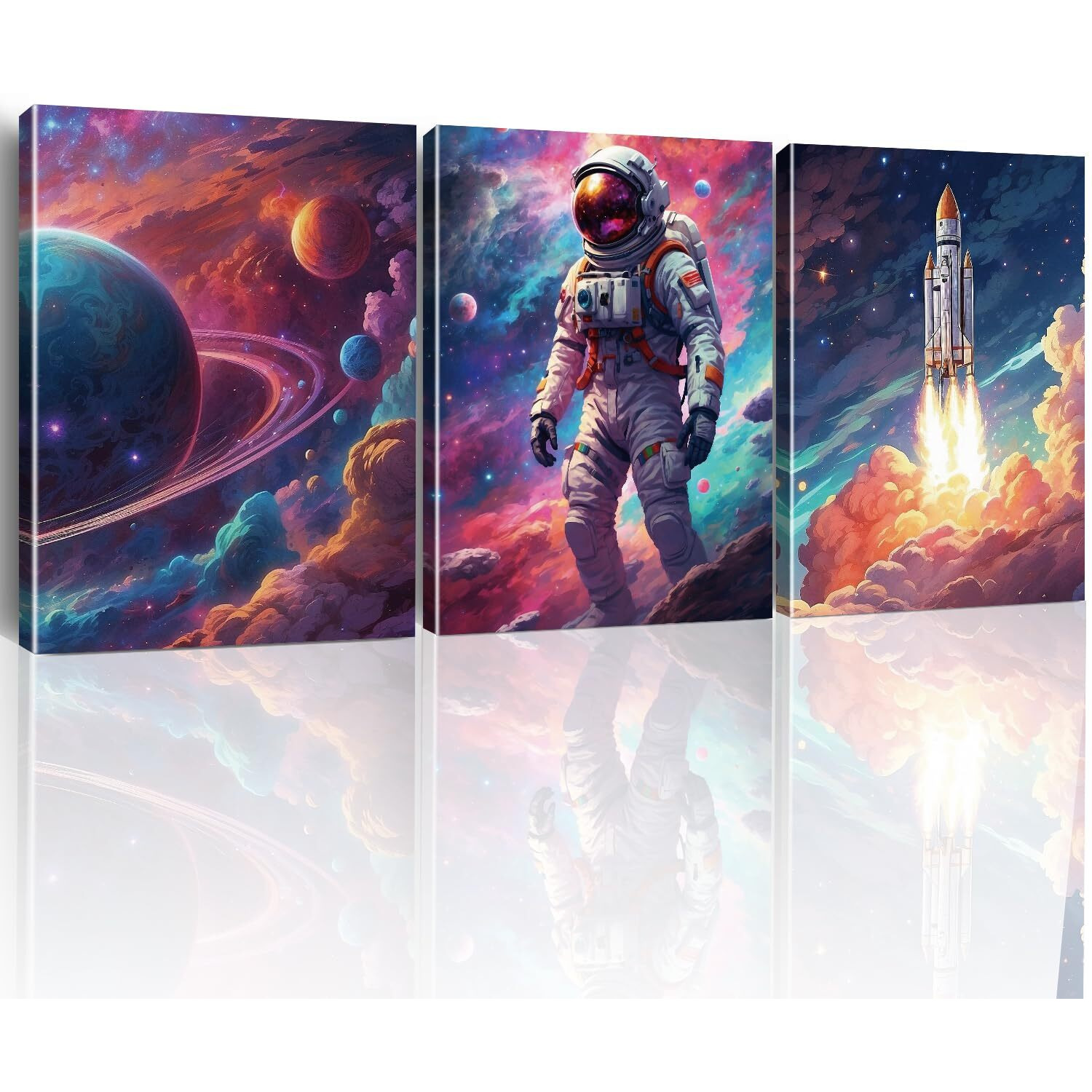 Hijie Canvas Prints Astronaut Spaceman Planets Spaceship Wall Art, 3 Panels (11.5X15 Inches Each), Framed, Matte Finish, Space Room Boys Bedroom Living Room Playroom