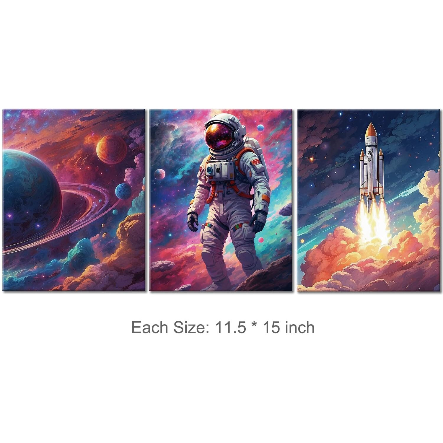 Hijie Canvas Prints Astronaut Spaceman Planets Spaceship Wall Art, 3 Panels (11.5X15 Inches Each), Framed, Matte Finish, Space Room Boys Bedroom Living Room Playroom