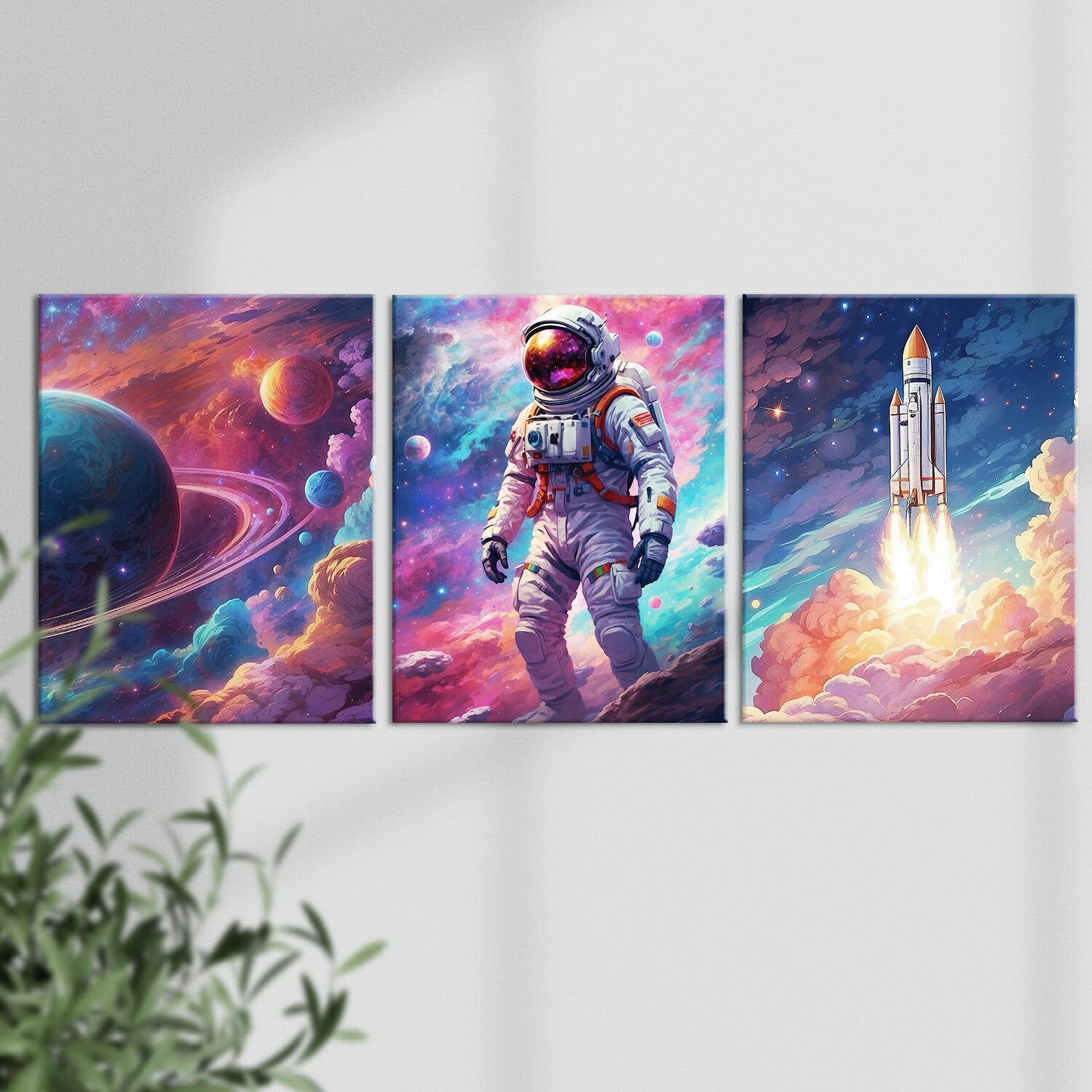 Hijie Canvas Prints Astronaut Spaceman Planets Spaceship Wall Art, 3 Panels (11.5X15 Inches Each), Framed, Matte Finish, Space Room Boys Bedroom Living Room Playroom