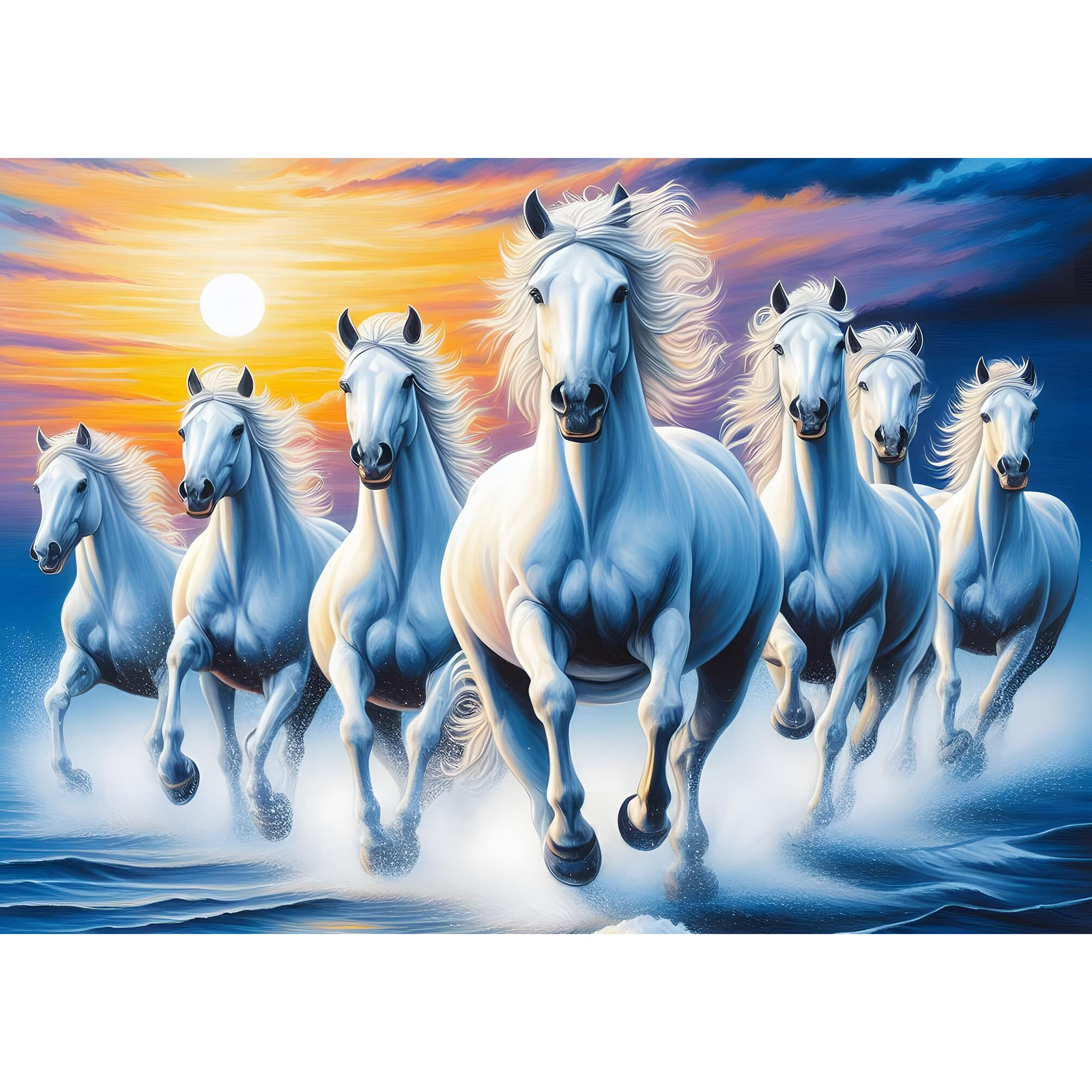 Roostaflag Paper, Vinyl 7 Horse Poster For Wall | Wall Stickers | 7 Horses Vastu Poster Big Size With Sunrise | Sticker For Wall Decor | Lucky 7 Horses Posters For Living Room Decoration (Royal Blue)