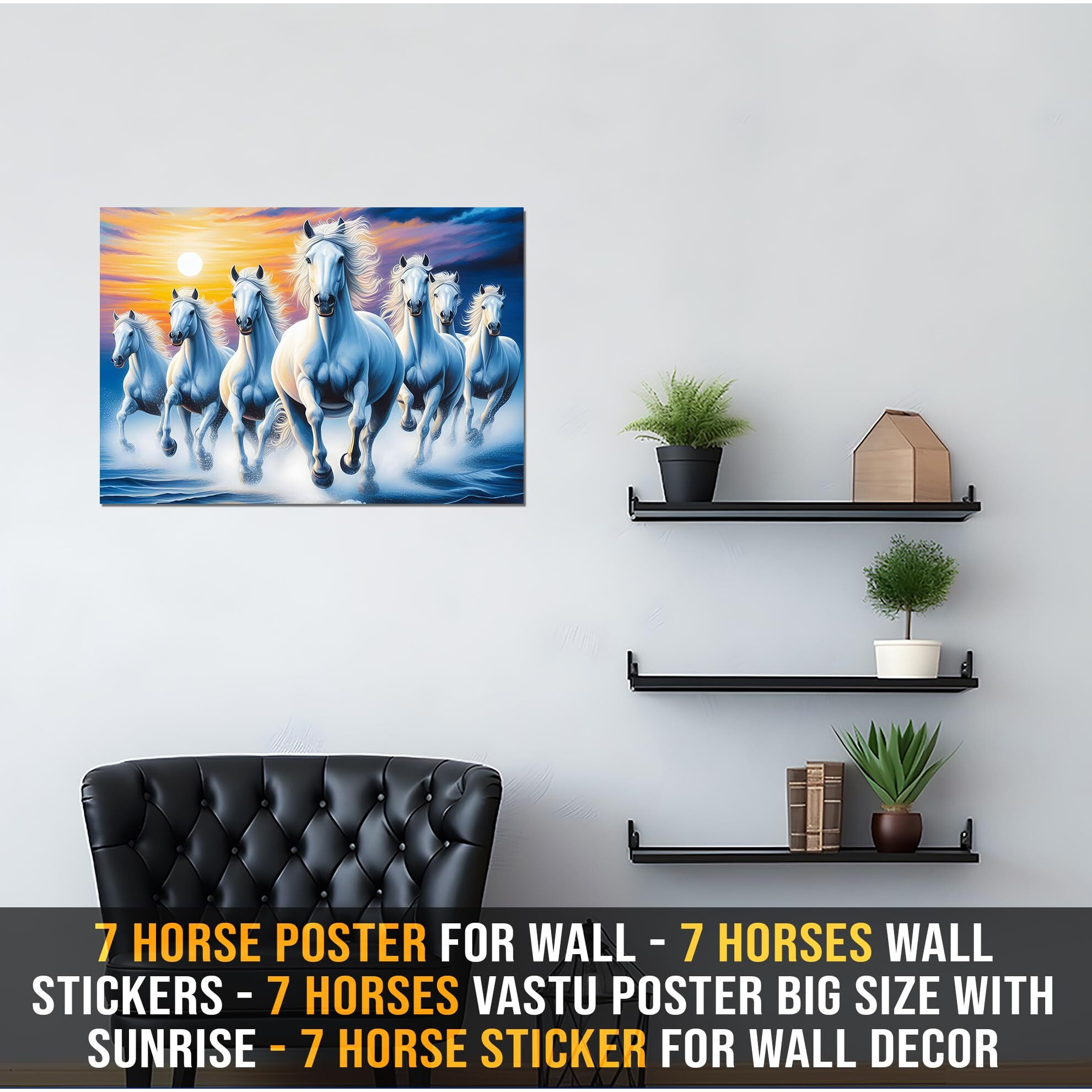 Roostaflag Paper, Vinyl 7 Horse Poster For Wall | Wall Stickers | 7 Horses Vastu Poster Big Size With Sunrise | Sticker For Wall Decor | Lucky 7 Horses Posters For Living Room Decoration (Royal Blue)