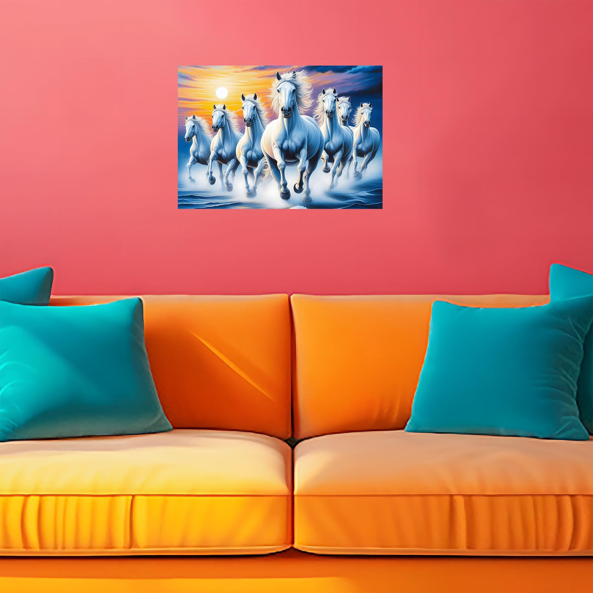 Roostaflag Paper, Vinyl 7 Horse Poster For Wall | Wall Stickers | 7 Horses Vastu Poster Big Size With Sunrise | Sticker For Wall Decor | Lucky 7 Horses Posters For Living Room Decoration (Royal Blue)