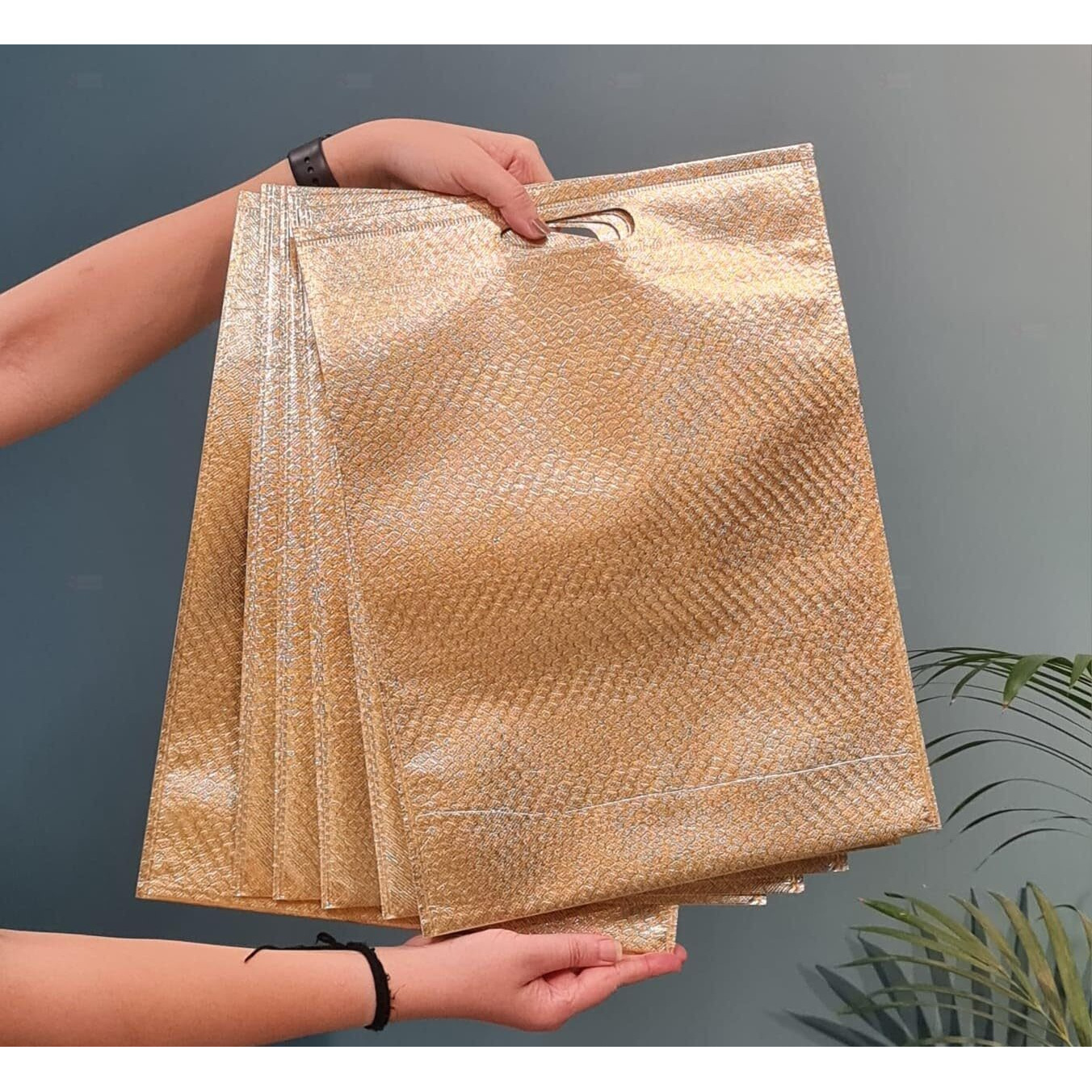 Satyam Kraft 6 Pcs Non Woven Fabric Gift Bags Paper Bags For Return Gifts, Christmas, Bags With Handle Gift Covers For Gifting, Xmas, Wedding, Birthday, Events (Small) (Golden)