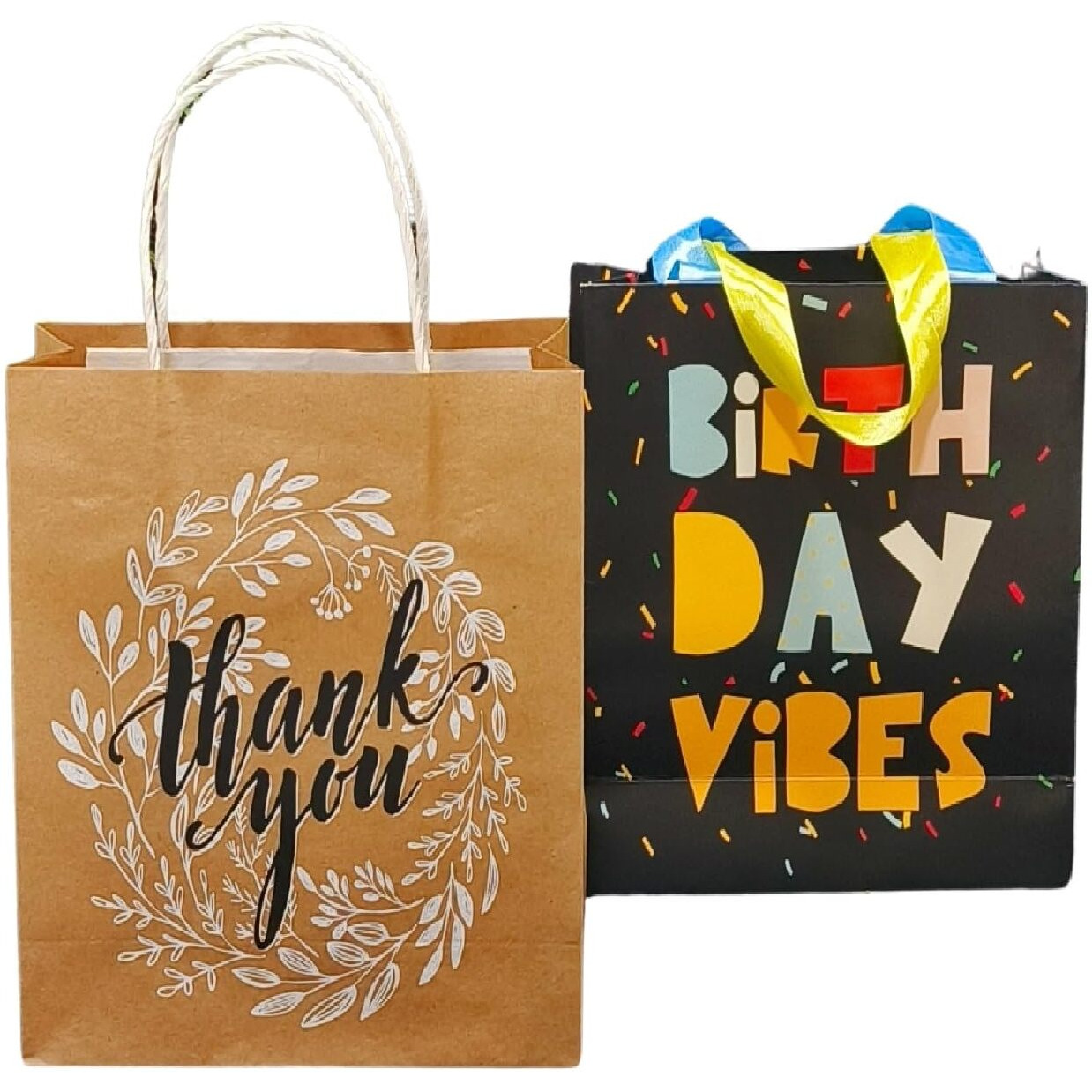 Gift Paper Bag, Sapco Combo, Perfect For Gifting, Return Gift &quotThank You & Birthday Vibes"  Small Size(2 Designs X 5Pcs  Pack Of 10)