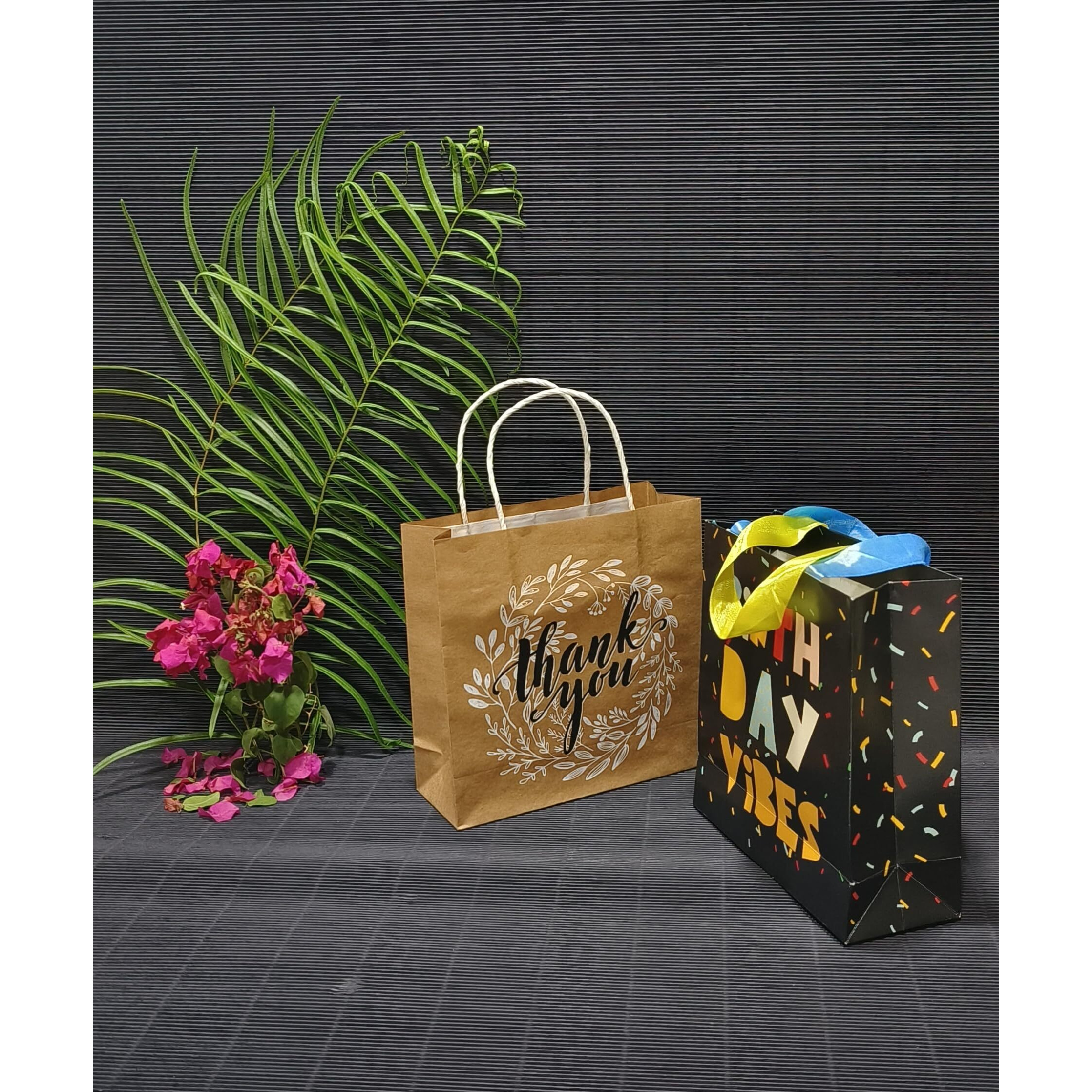 Gift Paper Bag, Sapco Combo, Perfect For Gifting, Return Gift &quotThank You & Birthday Vibes"  Small Size(2 Designs X 5Pcs  Pack Of 10)