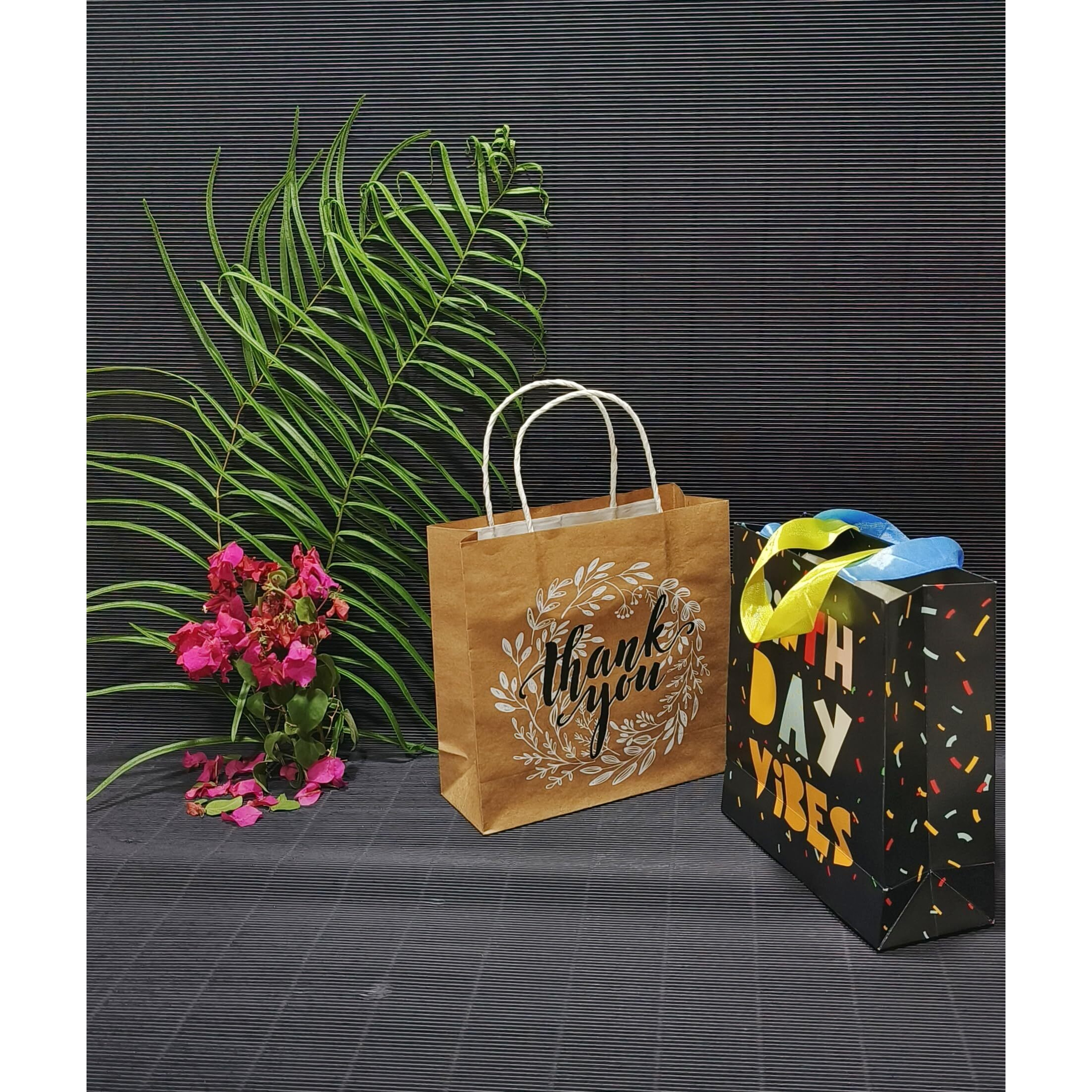 Gift Paper Bag, Sapco Combo, Perfect For Gifting, Return Gift &quotThank You & Birthday Vibes"  Small Size(2 Designs X 5Pcs  Pack Of 10)