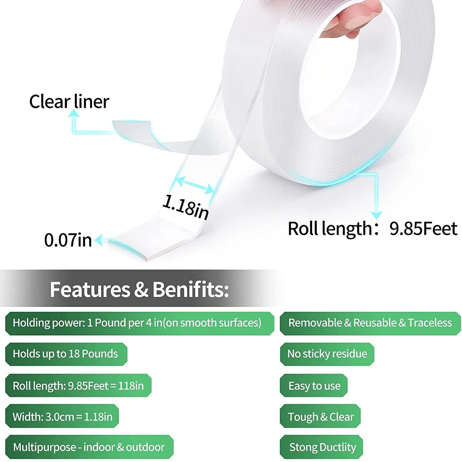Imox Pack Of 2 Double Sided Tape Heavy Duty - Multipurpose Removable Traceless Mounting Adhesive Tape For WallsWashable Reusable Strong Sticky Strips Grip Tape