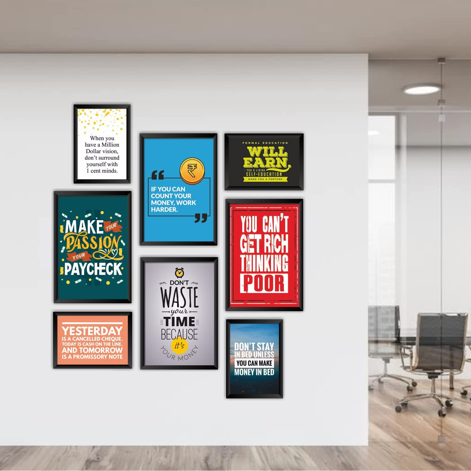 Paper Plane Design Framed Poster Motivational Aesthetic Quotes Large Size (Set Of 8 Frames) (Money)