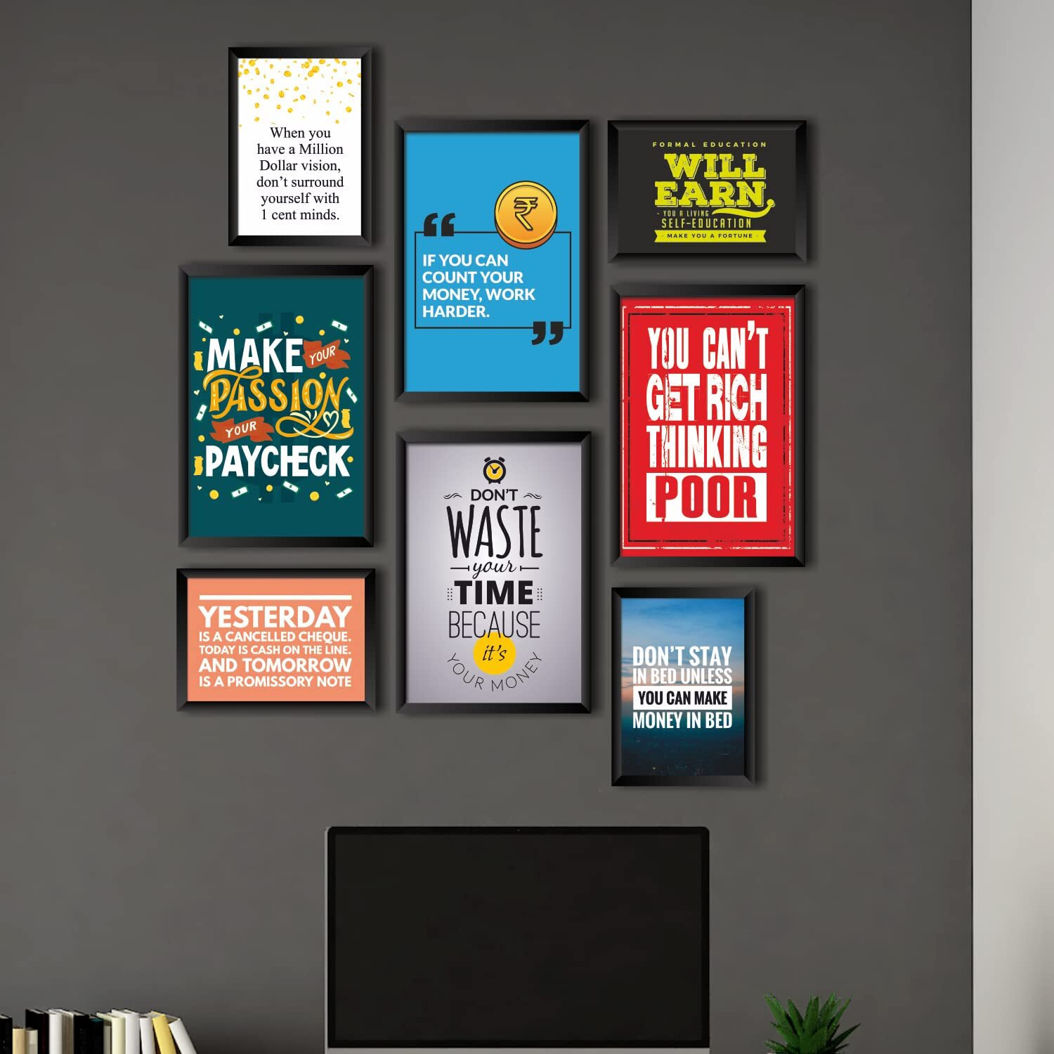 Paper Plane Design Framed Poster Motivational Aesthetic Quotes Large Size (Set Of 8 Frames) (Money)