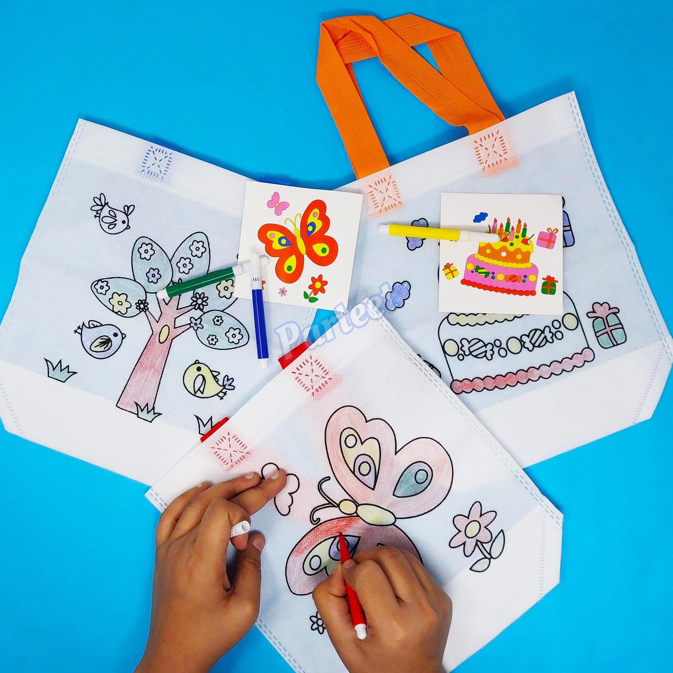 Parteet Cartoon Theme Gift Carry Bags - Medium Size Party Goodies Bag (White)