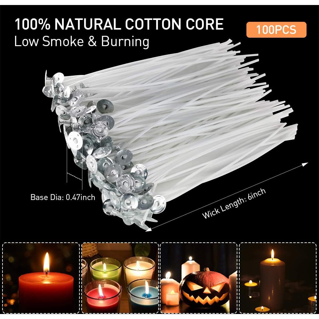 Hasthip Diy Candle Making Tool Kit With 100 Pcs 6 Inches Candle Wicks, 60Cs Candle Wick Stickers, 10 Pcs Wooden Candle Wick Holders Candle Wicks Tool Kit For Diy Candle Making Scented Candles