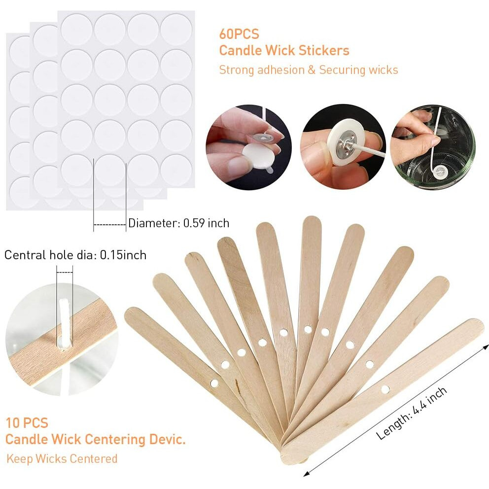 Hasthip Diy Candle Making Tool Kit With 100 Pcs 6 Inches Candle Wicks, 60Cs Candle Wick Stickers, 10 Pcs Wooden Candle Wick Holders Candle Wicks Tool Kit For Diy Candle Making Scented Candles