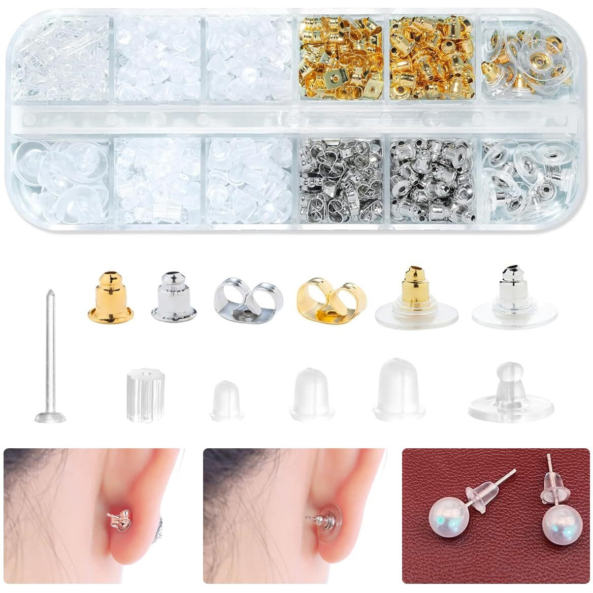Maycreate  600Pcs Earrings Back Stopper For Ear Studs,12-Style Clear Earring Stopper Clutch Metal Silicone Earring Backs Replacement Kits For Fish Hook Studs Hoops - With Storage Box