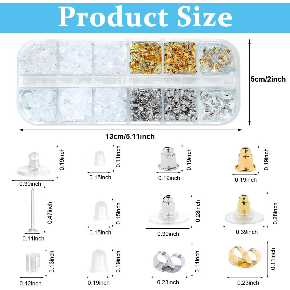 Maycreate  600Pcs Earrings Back Stopper For Ear Studs,12-Style Clear Earring Stopper Clutch Metal Silicone Earring Backs Replacement Kits For Fish Hook Studs Hoops - With Storage Box