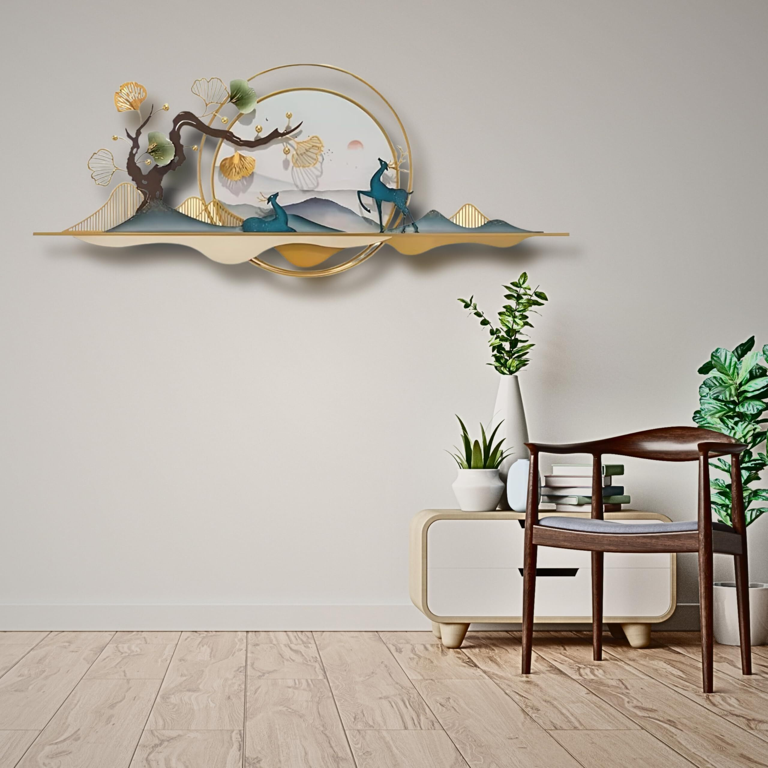 Kokomoon Metal Iron (Tree With Deer On Mount) Decorative Wall Art/Sculpture For Home Living Room/Bedroom/Hotels/Office/Cafe Etc. Size (60 * 02 * 25 Inch - Multicolor)