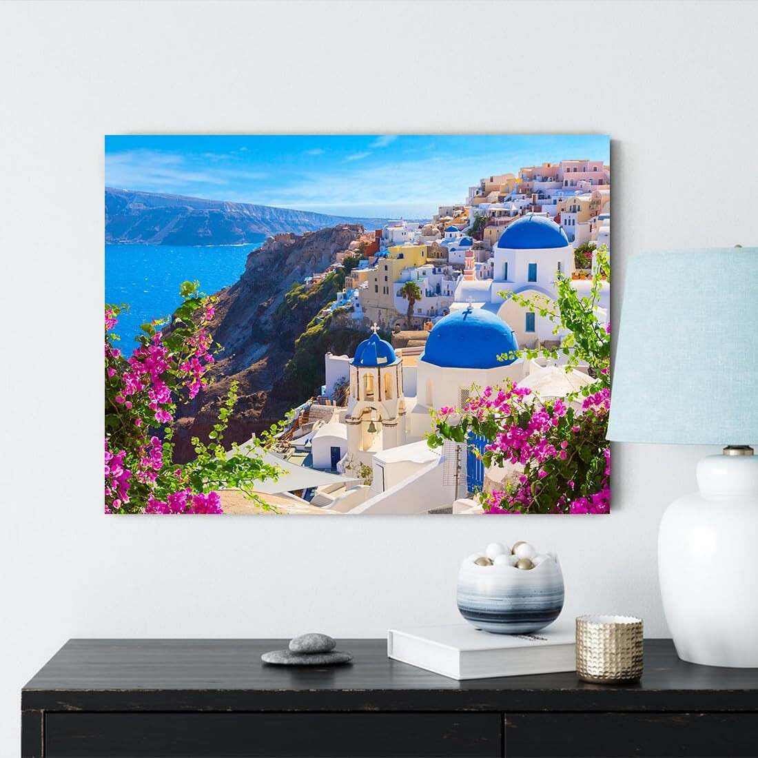 Qtespeii Modern Canvas Wall Art Santorini Island Art Prints Picture Greece Seascape Poster Blue Churches Wall Decor Ready To Hang For Living Room Bedroom Home Kitchen Decoration - 12&quotX16"