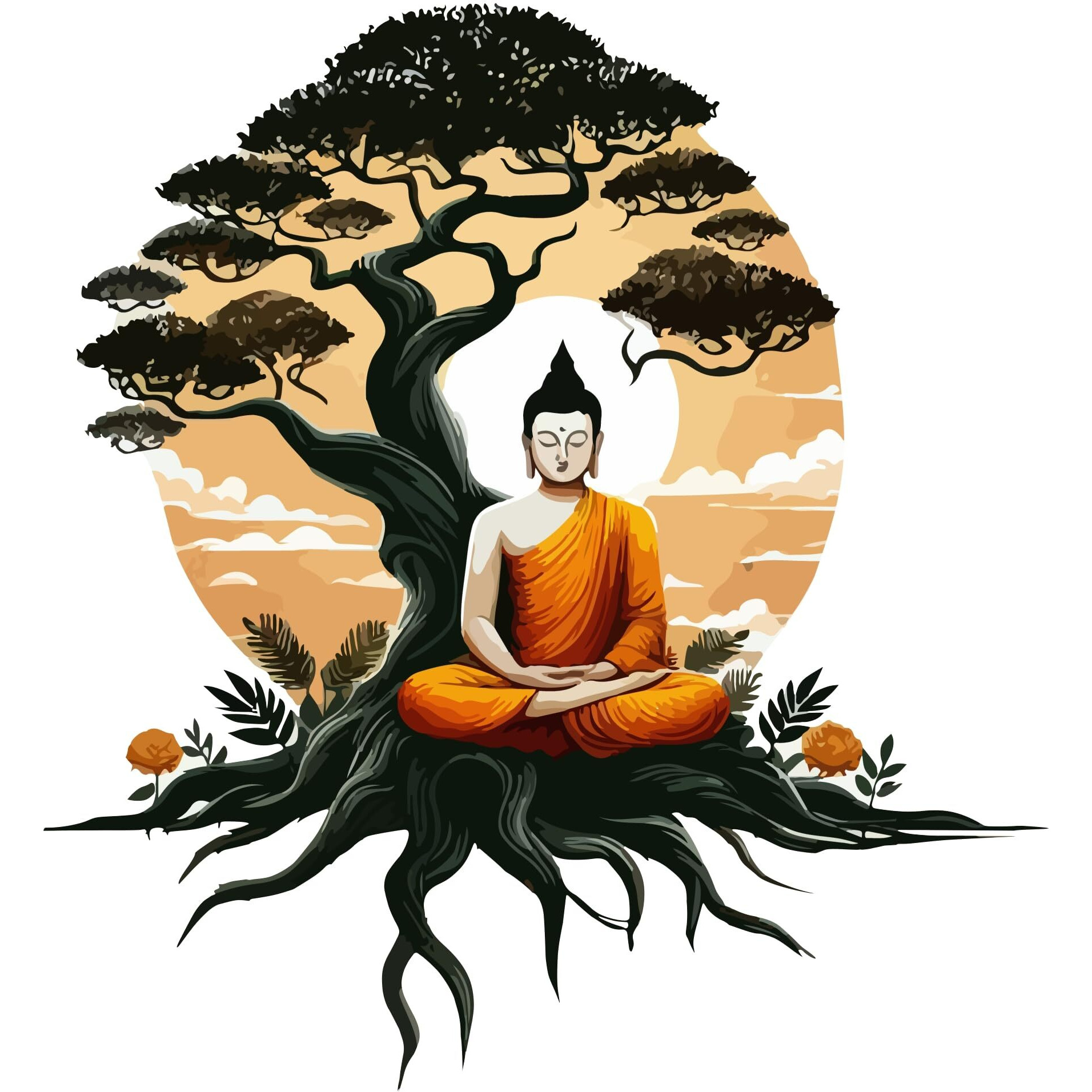 Creativeedge Buddha Sitting Under A Bodhi Tree Multicolor Decorative Wall Sticker For Livingroom, Bedroom, Office, Kidsroom (58 Cm X 61 Cm)