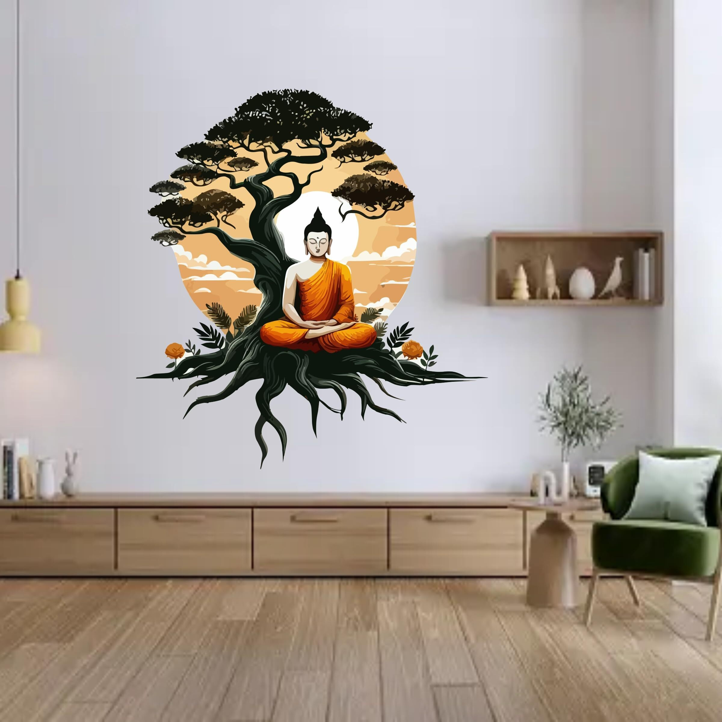 Creativeedge Buddha Sitting Under A Bodhi Tree Multicolor Decorative Wall Sticker For Livingroom, Bedroom, Office, Kidsroom (58 Cm X 61 Cm)