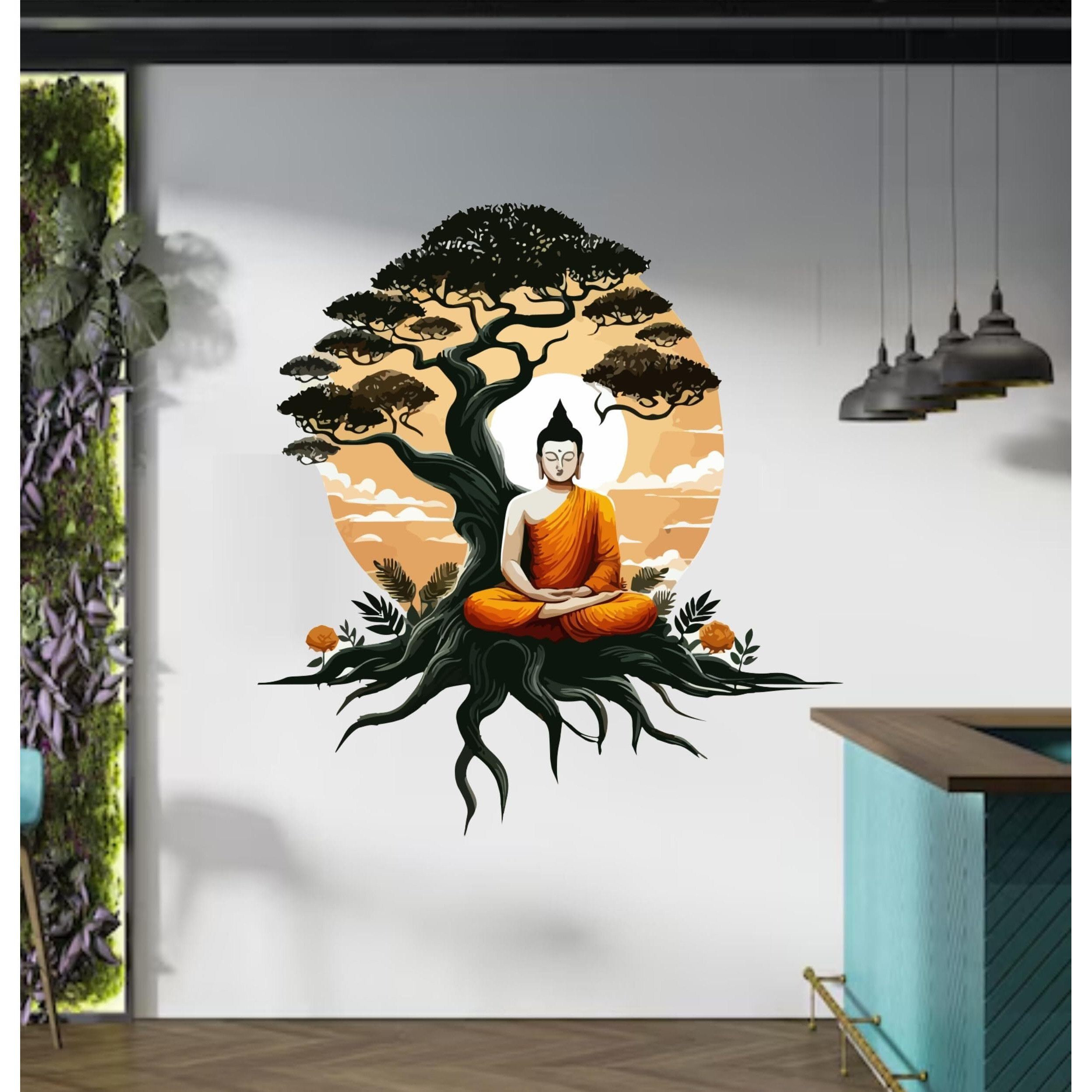 Creativeedge Buddha Sitting Under A Bodhi Tree Multicolor Decorative Wall Sticker For Livingroom, Bedroom, Office, Kidsroom (58 Cm X 61 Cm)