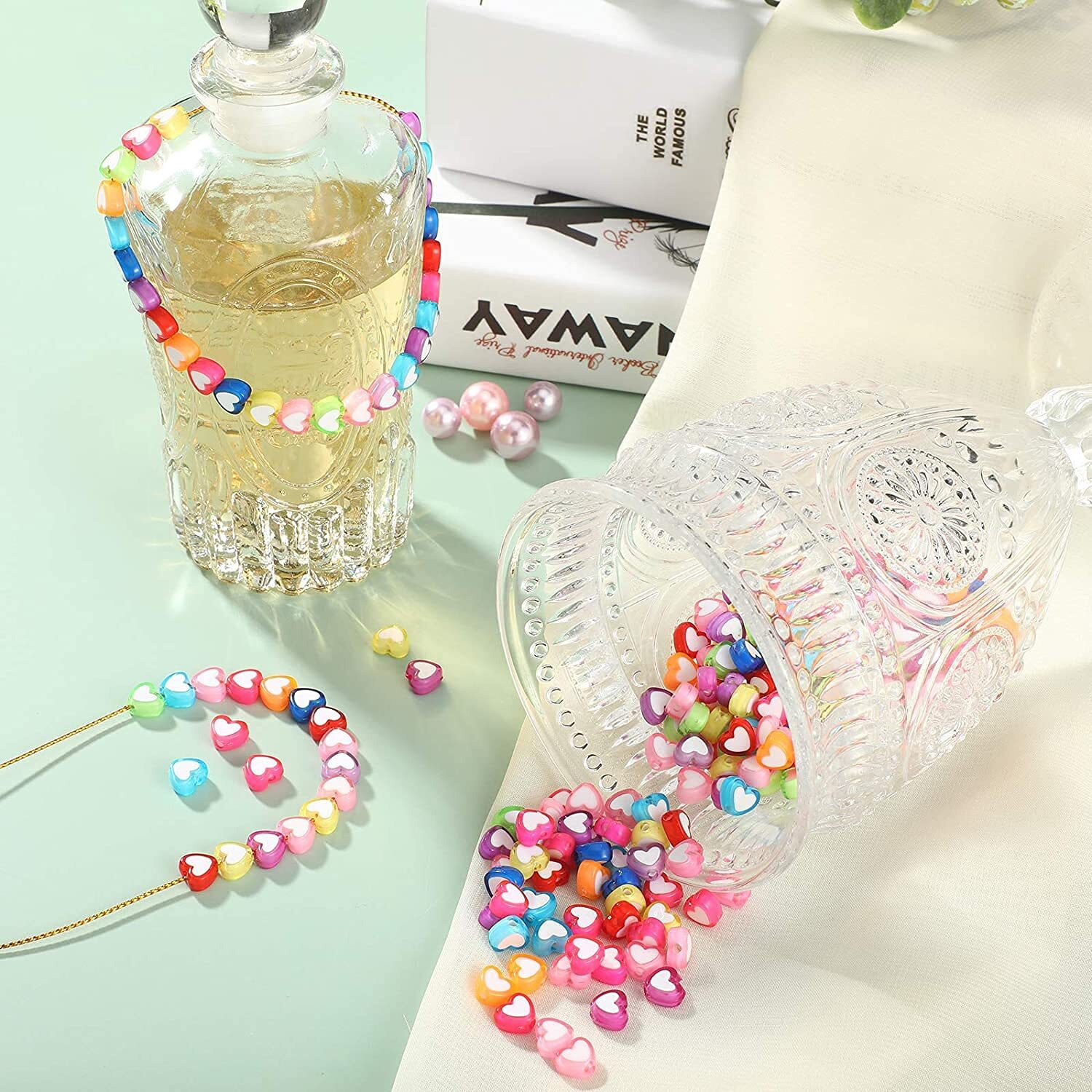 Kawn 100 Pieces Loose Space Beads, Heart Shaped Beads, Colorful Bracelet Beads, Necklace Beads For Diy Pendant Jewelry Making, Decorative Beads For Diy Crafts 8Mm Heart