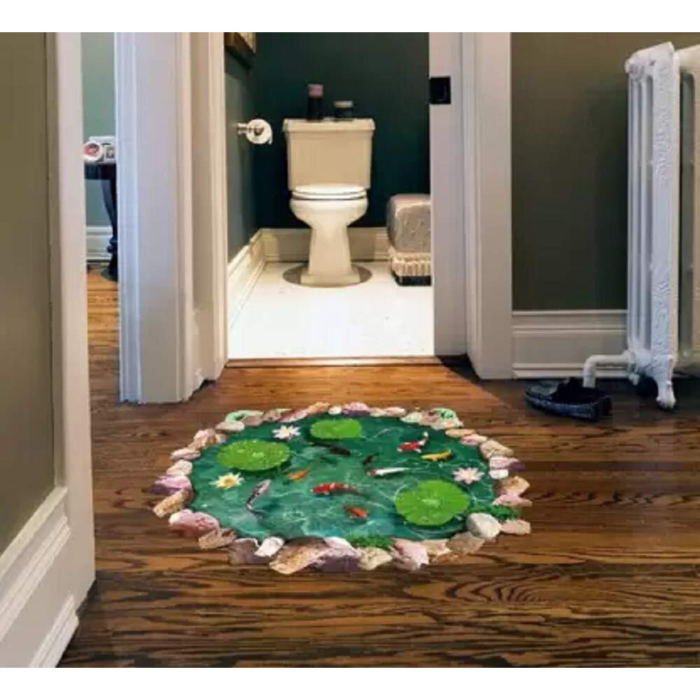 Jaamso Royals Pvc Vinyl 3D Lotus Pond With Fish Design Home Decor Wall Sticker (90 Cm X 60 Cm, Set Of 1)