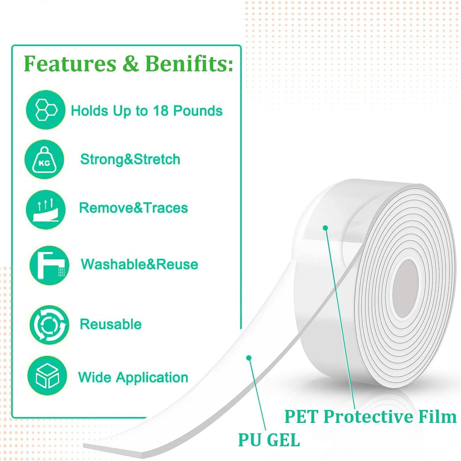 2Pcs Double Sided Tape Heavy Duty Hanging Tape  2 Pack Removable Nano Tape  20 Ft Double Sided Tape For Walls, Wood, Tile, Plastic & Metal Surfaces  Strong Grip  Double Sided Mounting Tape - 6M