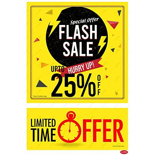 Leppo Flash Sale Upto 25% I 50% I 70% Off I Limited Time Self Adhesive Laminated Poster & Sticker Use For Retail Stores, Shops, Malls - Combo Pack Yellow (25% Off, 1 Pc Qty)