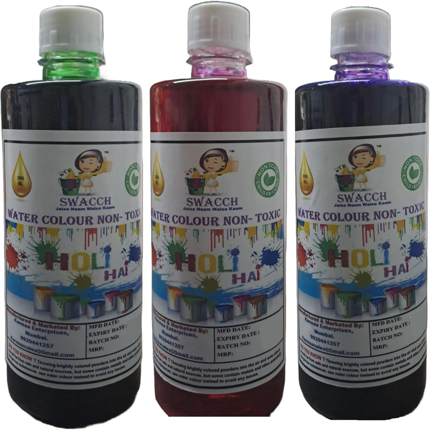 Swacch Non-Toxic & Eco Friendly Colour (Green, Pink & Purple) (500Ml) (Pack Of 3)
