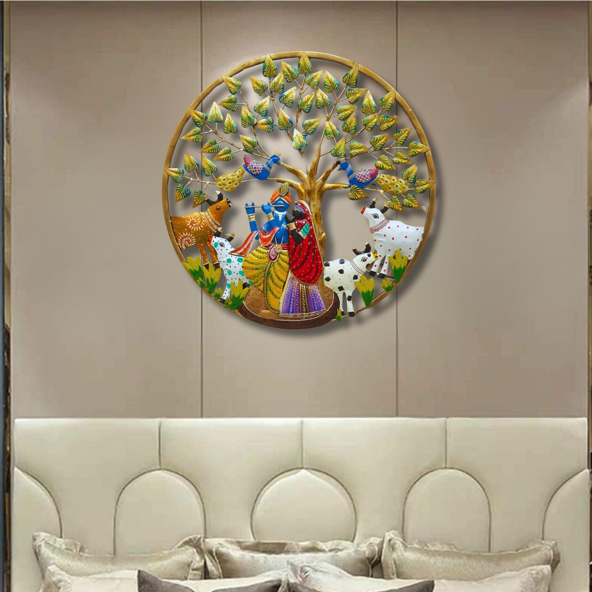 Rsn Metal Radha Krishna Round Frame Wall Sculpture Wall Art Wall Decor For Living Room Wall Hangings For Home Decoration Size-24X24 Inch