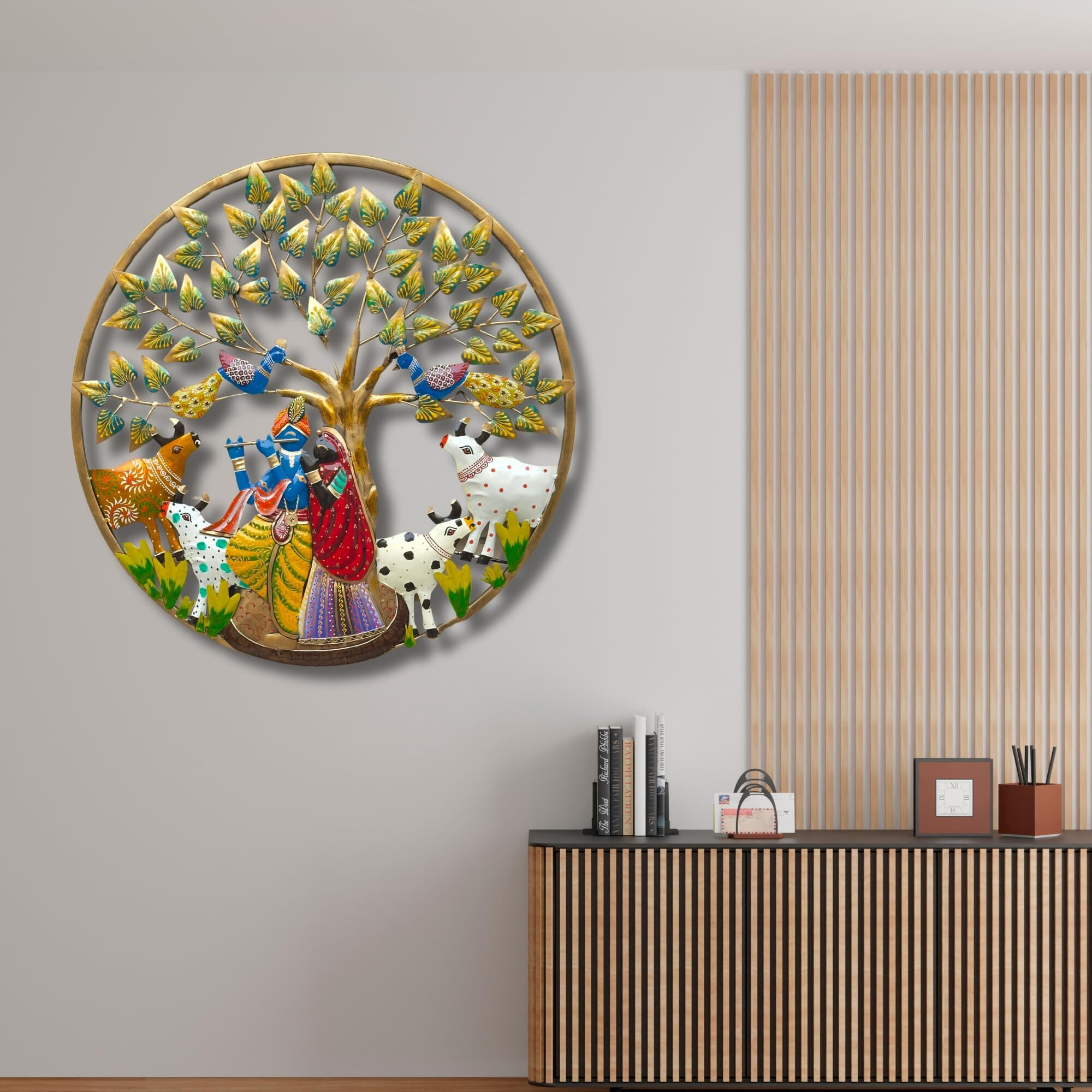 Rsn Metal Radha Krishna Round Frame Wall Sculpture Wall Art Wall Decor For Living Room Wall Hangings For Home Decoration Size-24X24 Inch