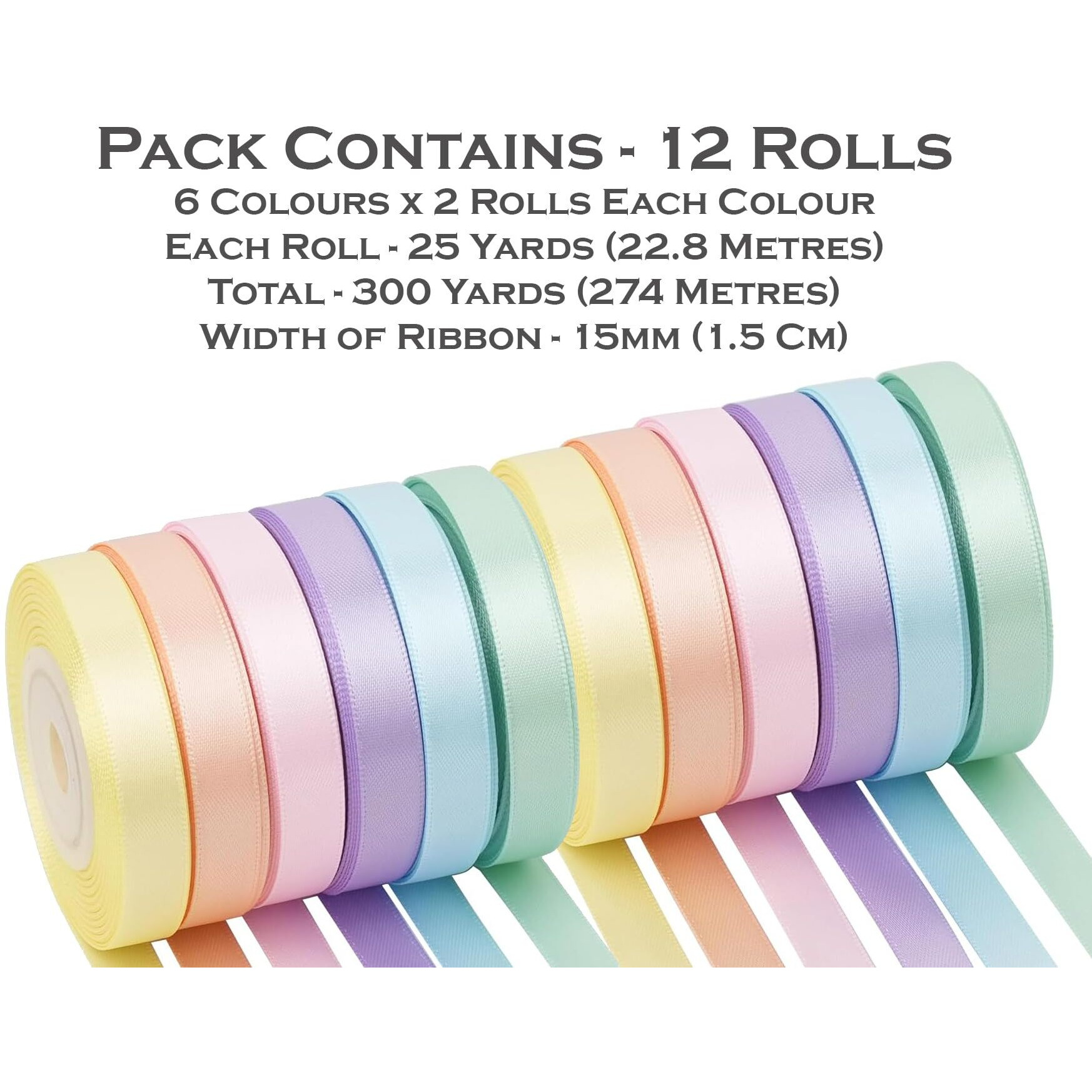 Store 2508 12 Rolls Pastel Rainbow Satin Ribbon Assortment, 15Mm Width, 25 Yards Each, Total 300 Yards (274 Metres), Multicolour, Polyester, Multiple Occasions, Gradient, Casual