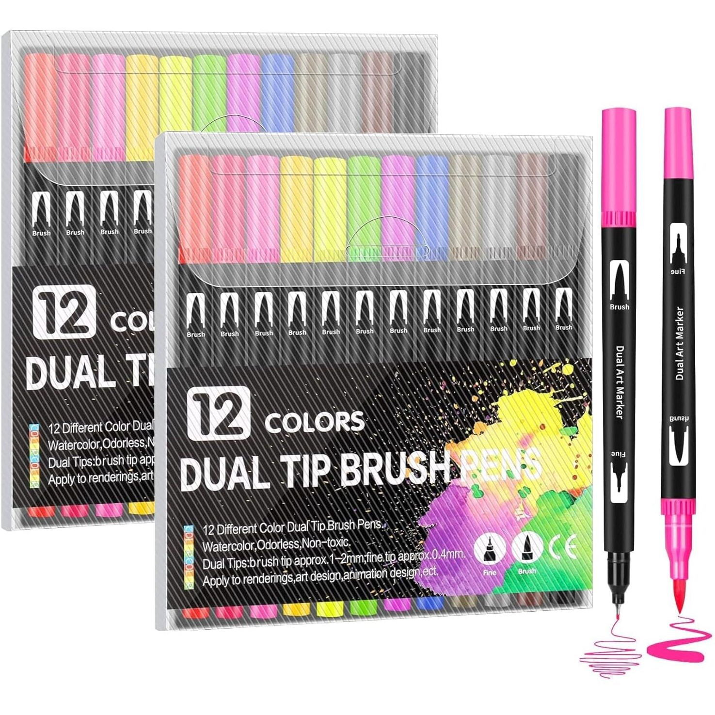 Corslet 24 Pcs Dual Tip Brush Pens 12 Shades Sketch Colour Fineliner Calligraphy Brush Pen Set Brush Markers Pen Brush Drawing Colour For Coloring Sketching Artists Students Professionals (Pack Of 2)