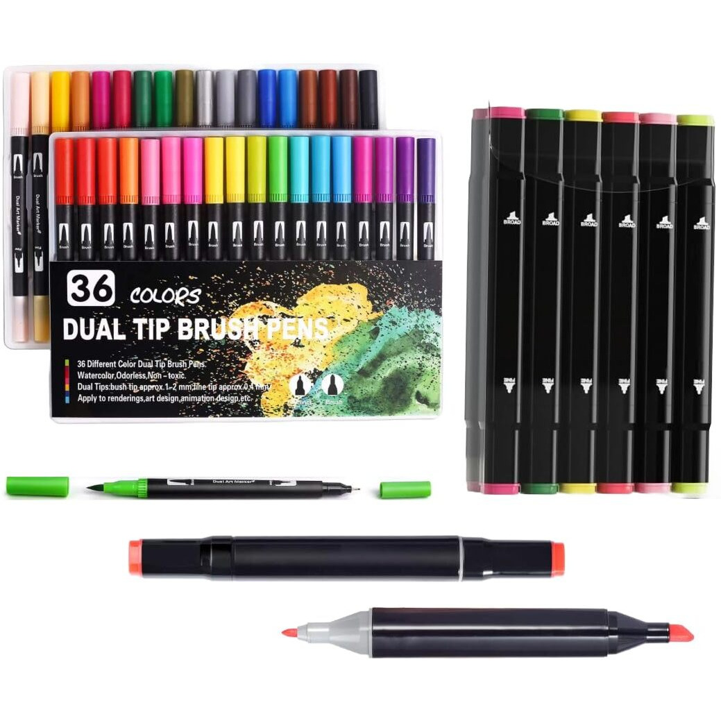 Corslet Set Of 48 Pcs - 36 Pcs Dual Tip Brush Pens And 12 Pcs Alcohol Markers Set Sketch Colour Fineliner Calligraphy Brush Pen Drawing Colours For Coloring Drawing Sketching Brush Sketch Pen