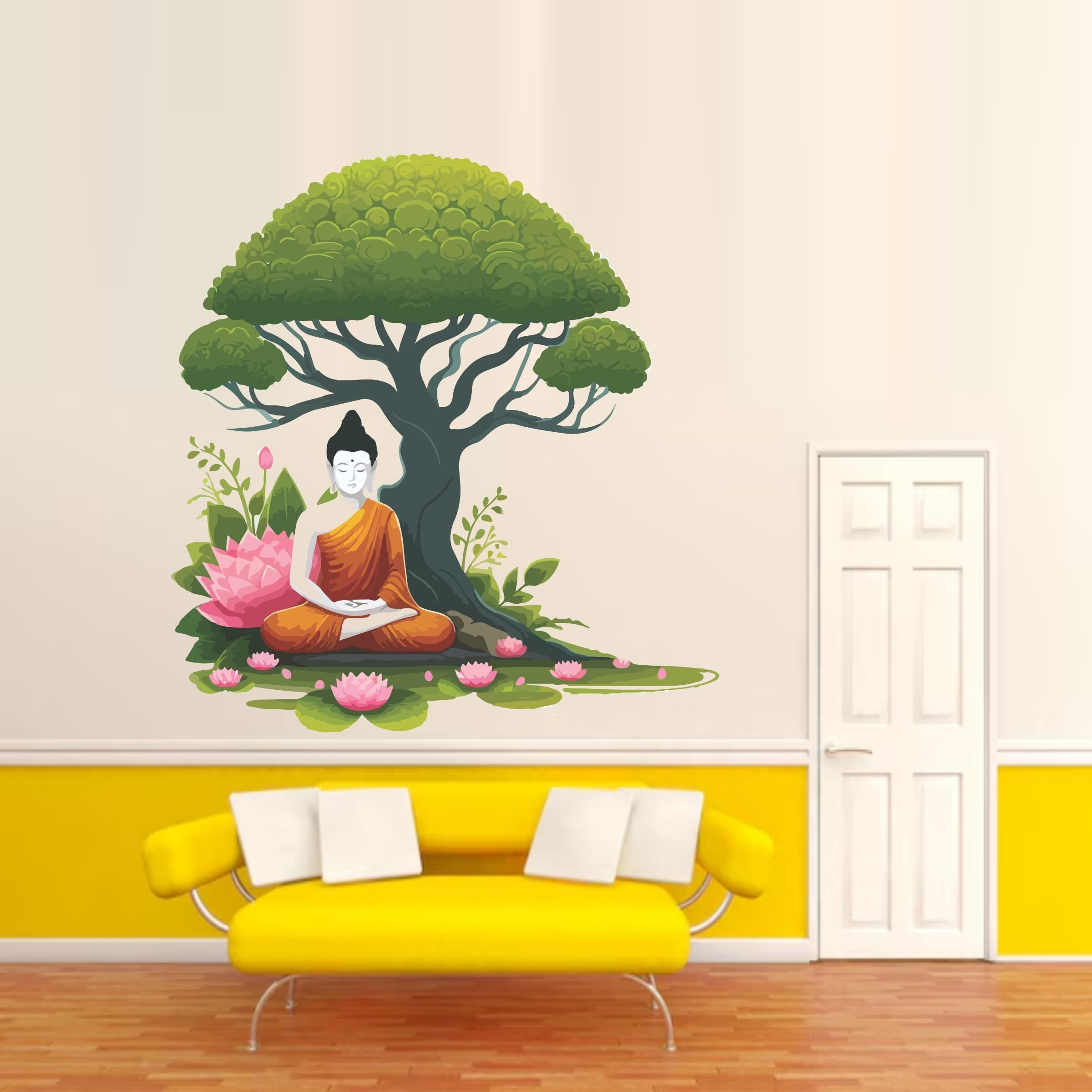 Creative Edge Gautam Buddha Sitting Under Bodhi Tree With Lotus Flower Wall Sticker Multicolor Decorative Peel And Stick Vinyl Wall Art For Home Living Room Bedroom (56 Cm X 61 Cm)