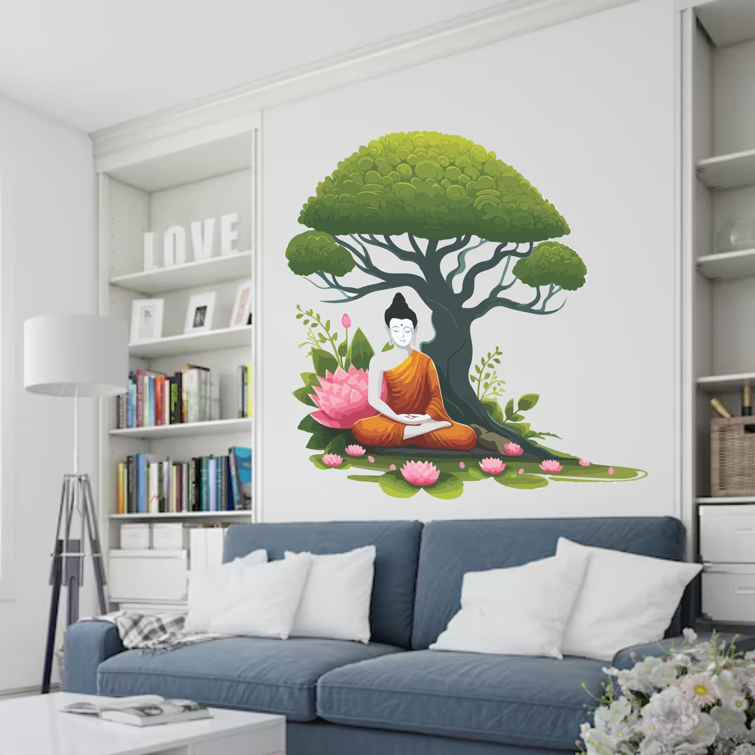 Creative Edge Gautam Buddha Sitting Under Bodhi Tree With Lotus Flower Wall Sticker Multicolor Decorative Peel And Stick Vinyl Wall Art For Home Living Room Bedroom (56 Cm X 61 Cm)
