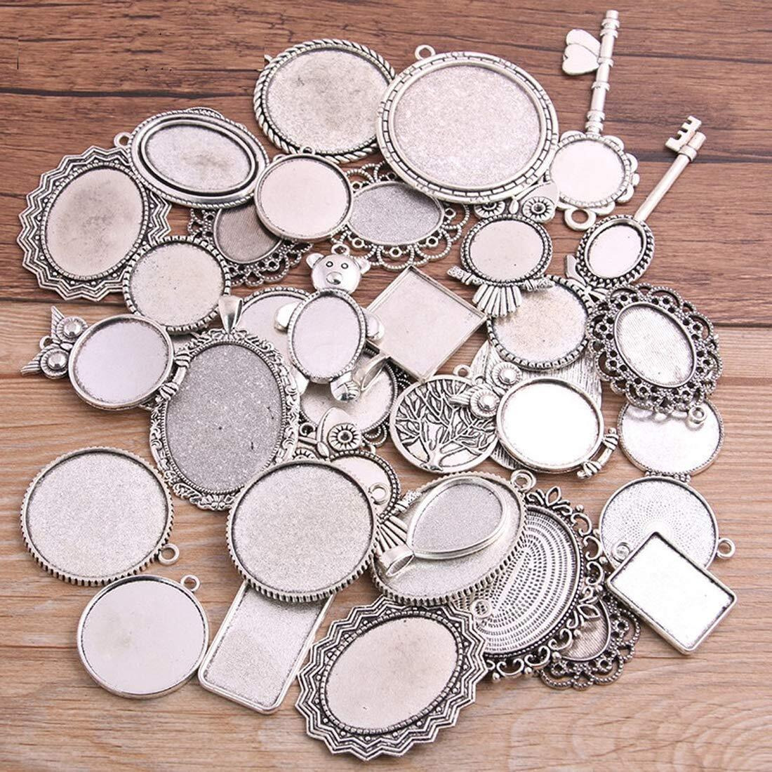 Diy Crafts 25 Antique Pierced Mixed Size 5-200 Style Cabochon Base Setting Charms Pendant, Pack Of 25 25X1, Antique (Silver)