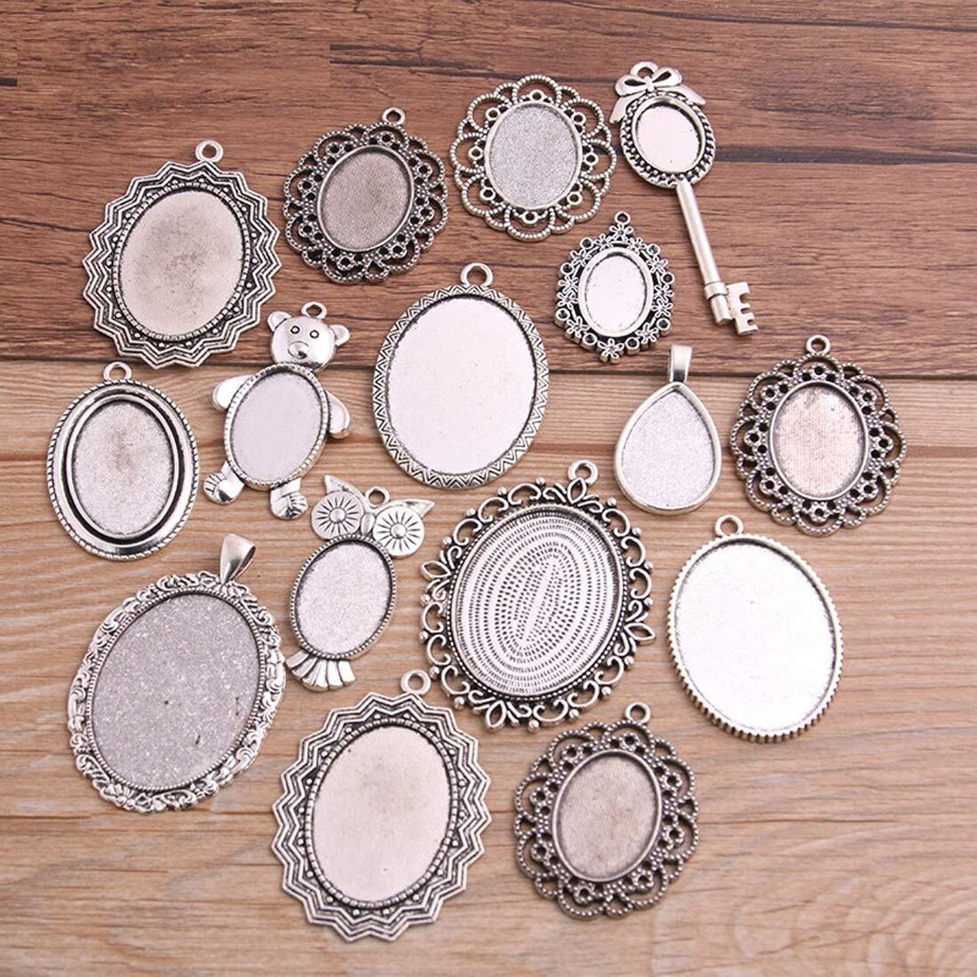 Diy Crafts 25 Antique Pierced Mixed Size 5-200 Style Cabochon Base Setting Charms Pendant, Pack Of 25 25X1, Antique (Silver)