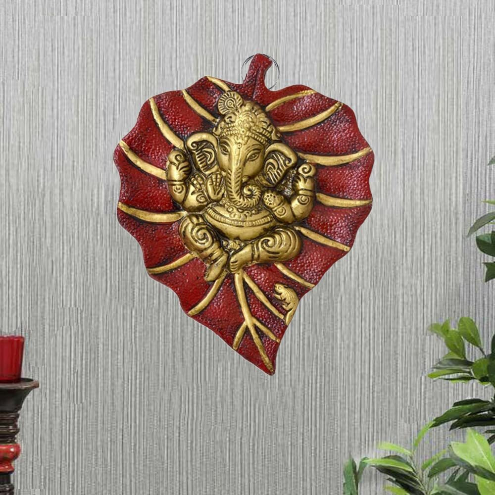 Craftam Metal Lord Ganesha On Leaf Decorative Wall Hanging Showpiece Figurine (Red)
