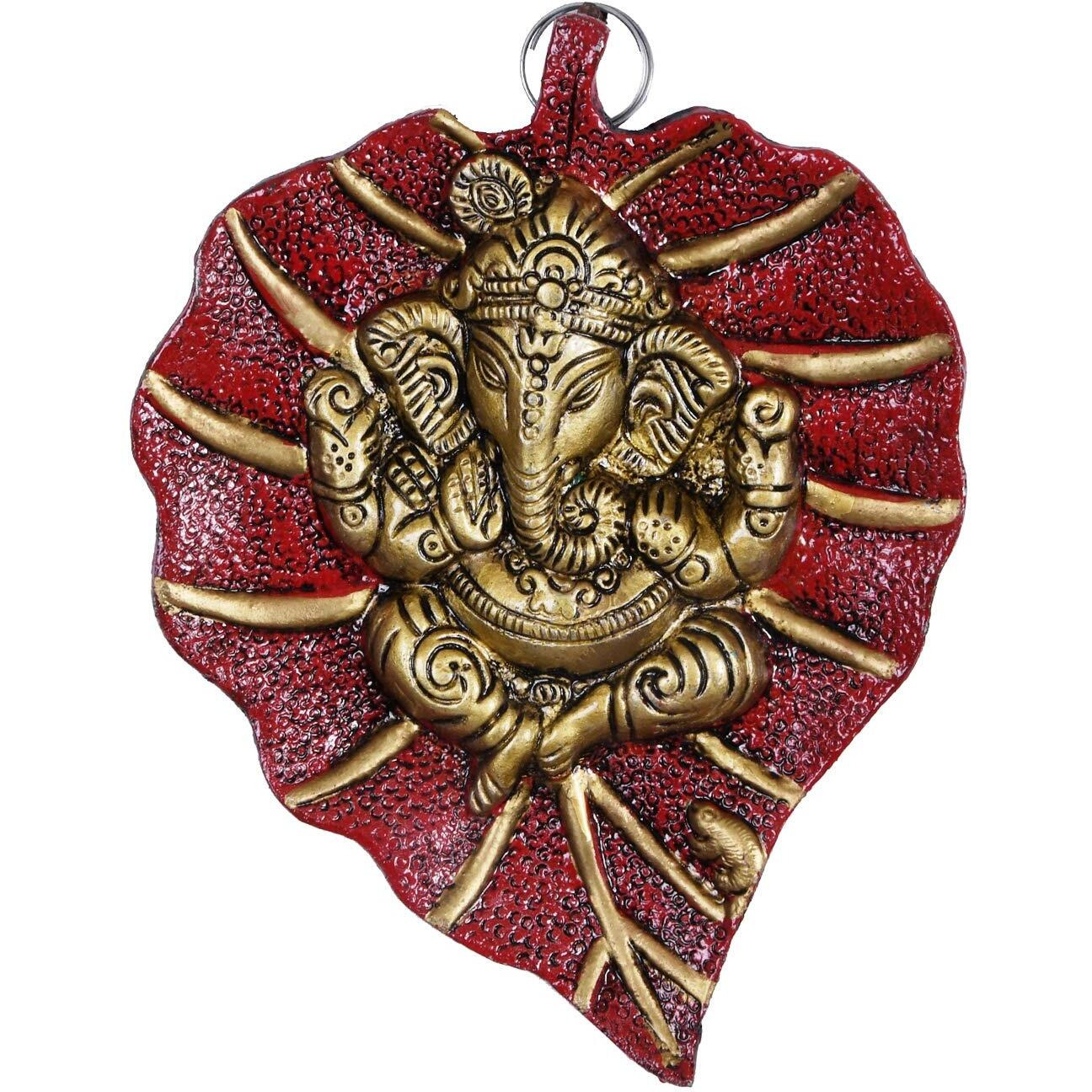 Craftam Metal Lord Ganesha On Leaf Decorative Wall Hanging Showpiece Figurine (Red)