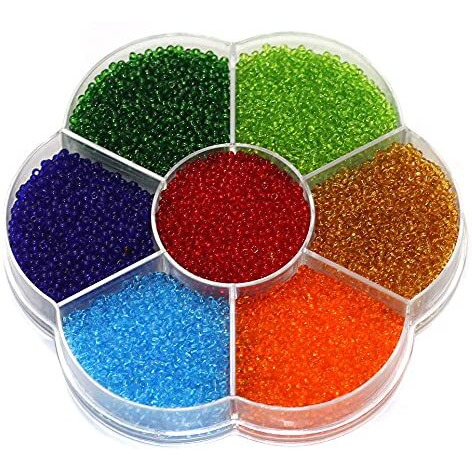 Beadsnfashion 7 Colors Transparent Preciosa Seed Beads Kit  Size 11/0 (2Mm) With Storage Box & 12 Mtrs Nylon Thread For Jewellery Making, Beading, Embroidery & Diy Crafts