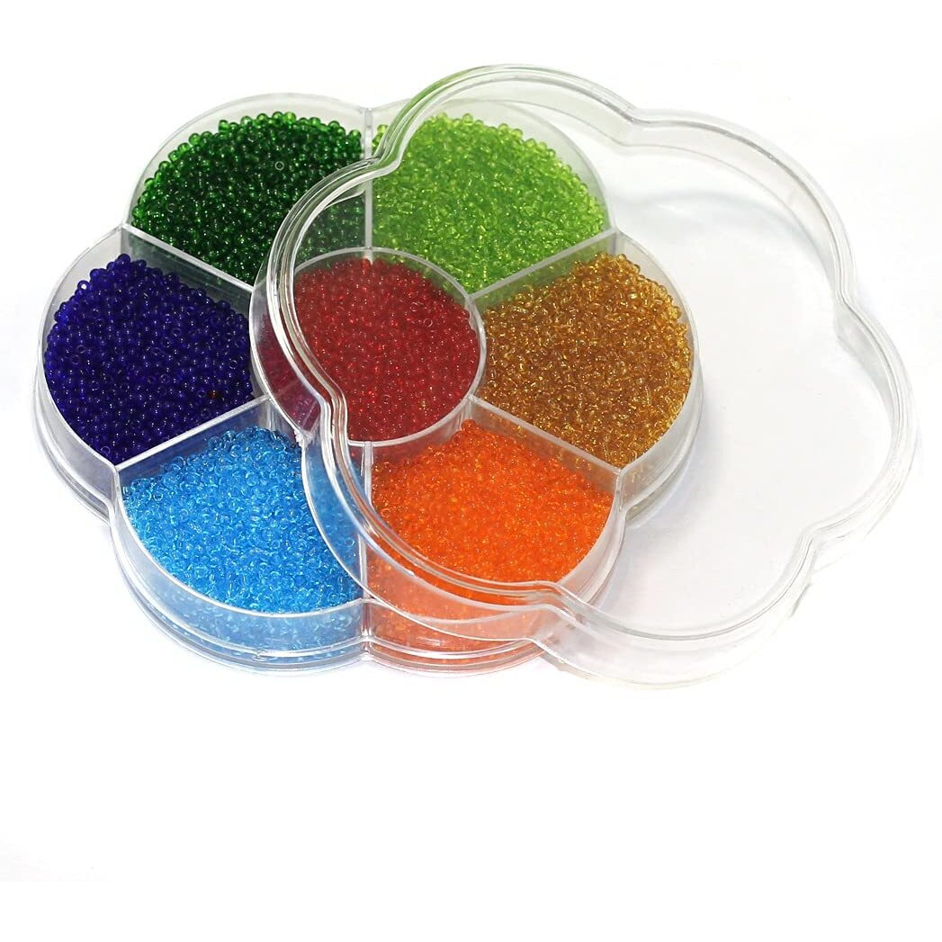 Beadsnfashion 7 Colors Transparent Preciosa Seed Beads Kit  Size 11/0 (2Mm) With Storage Box & 12 Mtrs Nylon Thread For Jewellery Making, Beading, Embroidery & Diy Crafts