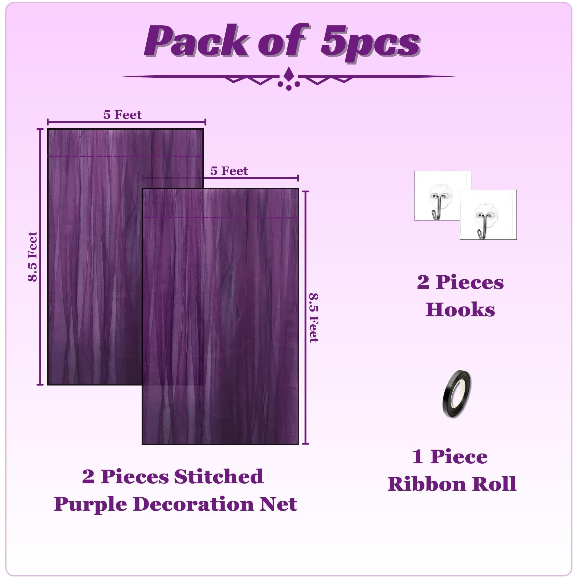 1Iam 5Pcs Purple Decoration Net, Hook & Ribbon Combo - 2 Large Stitched Nylon Backdrop Net Curtains (8.5X5Ft Each), 2 Gummy Hooks, 1 Black Ribbon - Reusable, Wrinkle-Free