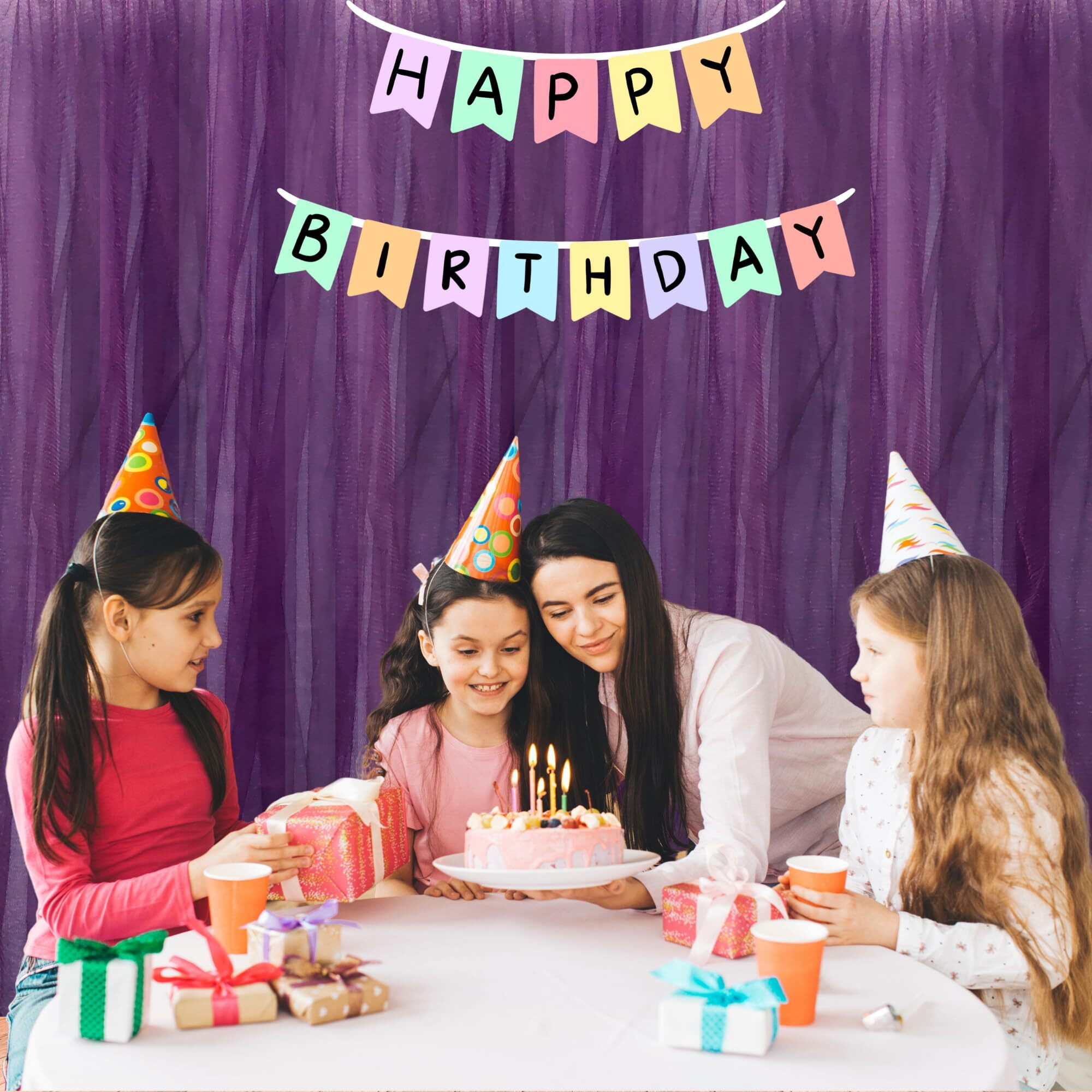 1Iam 5Pcs Purple Decoration Net, Hook & Ribbon Combo - 2 Large Stitched Nylon Backdrop Net Curtains (8.5X5Ft Each), 2 Gummy Hooks, 1 Black Ribbon - Reusable, Wrinkle-Free